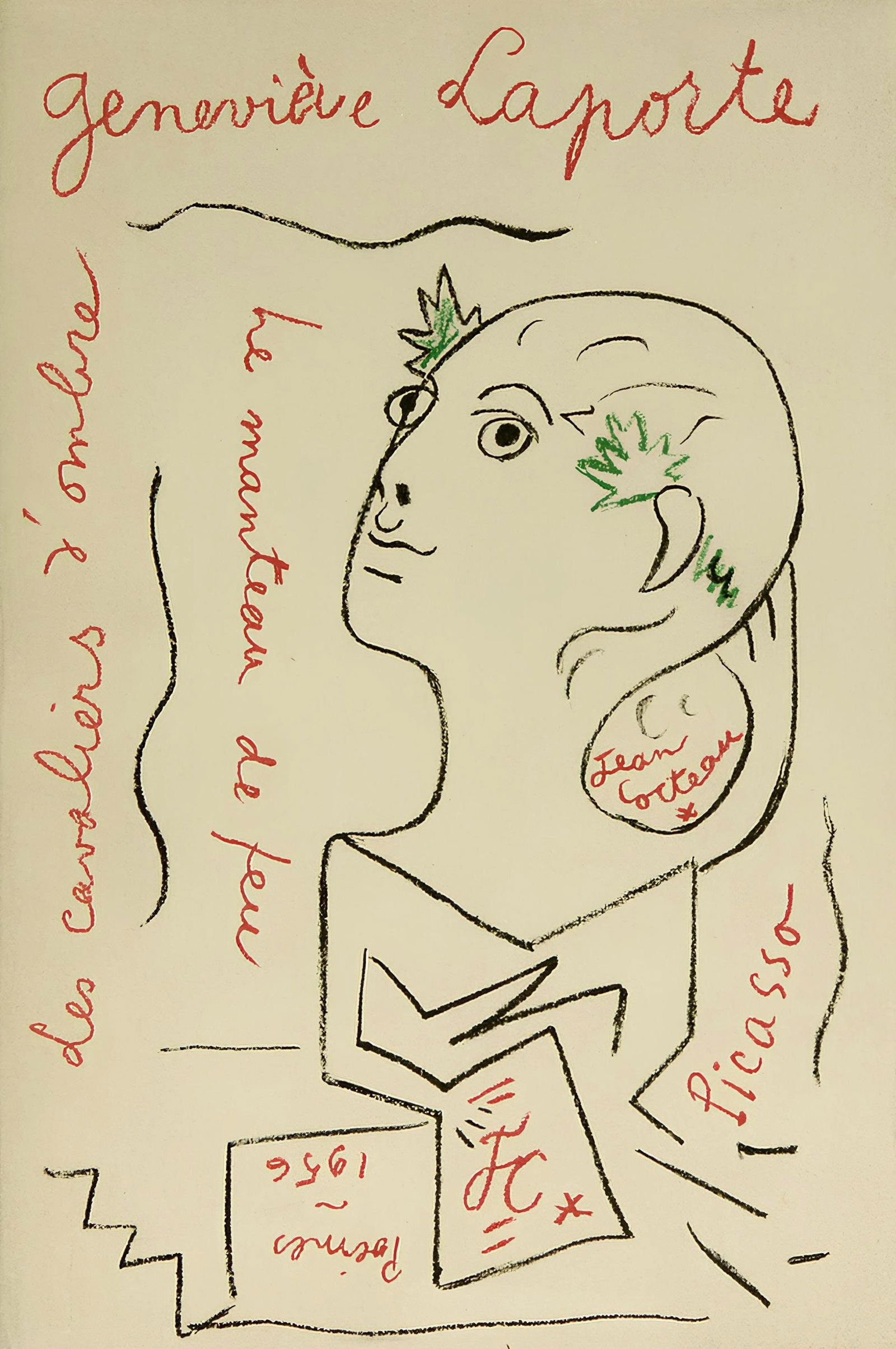 Jean Cocteau, Composition, Sous le Manteau de Feu, Limited Edition Lithograph: Lithograph on velin paper. Paper size: 9.84 x 6.69 inches. Excellent condition. Inscription: signed in the plate and unnumbered, as issued. Notes: from the album, Les Cavaliers d'Ombre; Sous le Mantea