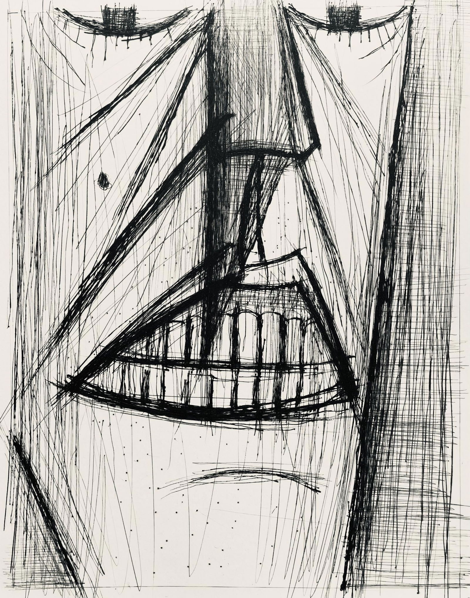 Bernard Buffet, Composition (Reinz 208-222), Voyages Fantastiques, Limited Edition Etching: Drypoint etching on papier de Rives B.F.K. pur fil paper. Paper size: 16.125 x 12.875 inches. Excellent condition. Unsigned and unnumbered, as issued. Notes: From the folio, Voyages fantastiques aux E