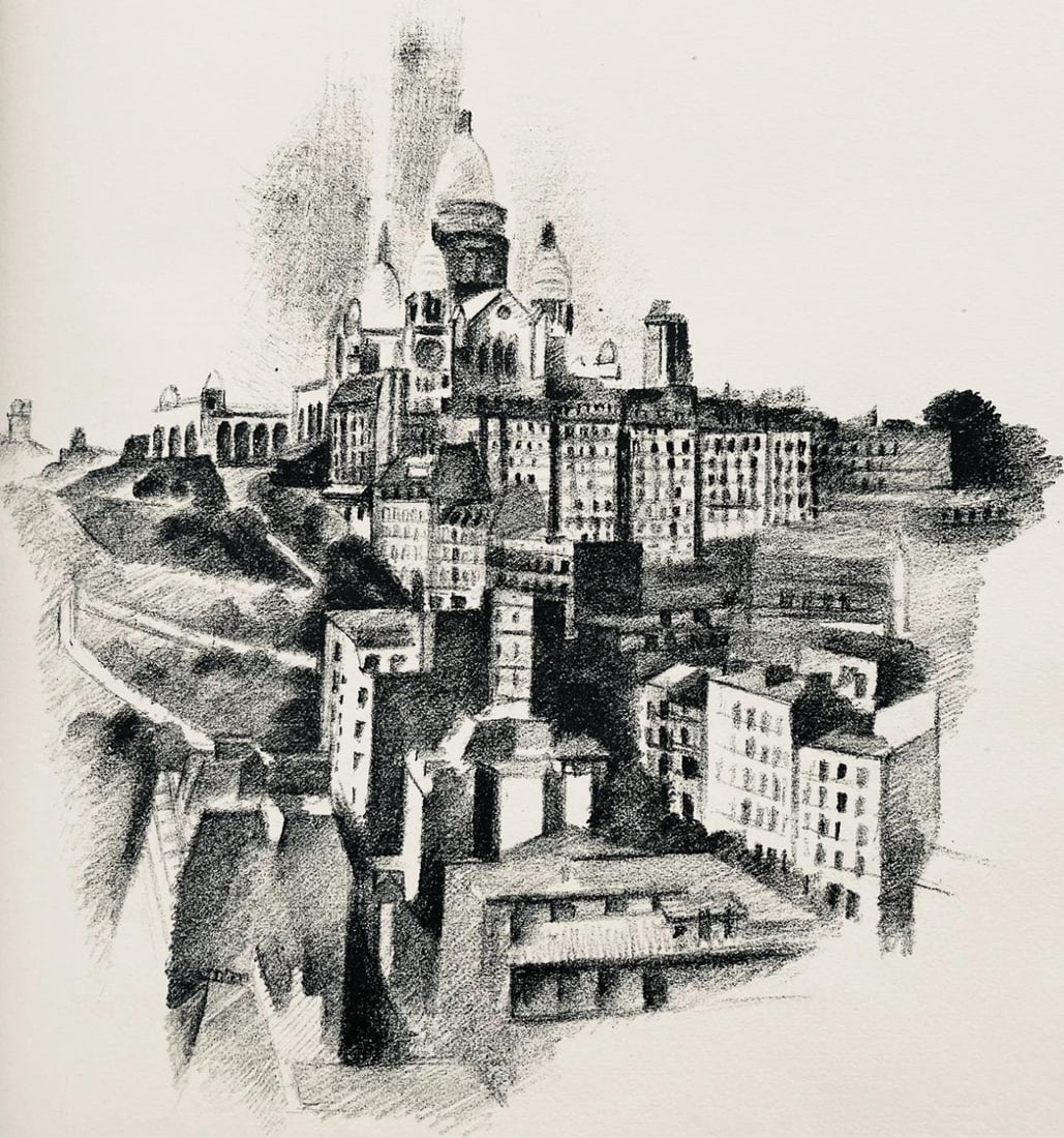 Robert Delaunay, La butte Montmartre et le Sacre-Cœur (Habasque 720-728), Allo! Paris!, Limited: Lithograph on velin d'Arches paper. Paper Size: 11 x 9 inches. Excellent condition. Inscription: Unsigned and unnumbered, as issued. Notes: From the volume, Allo! Paris!, 1926. Published by Editions d