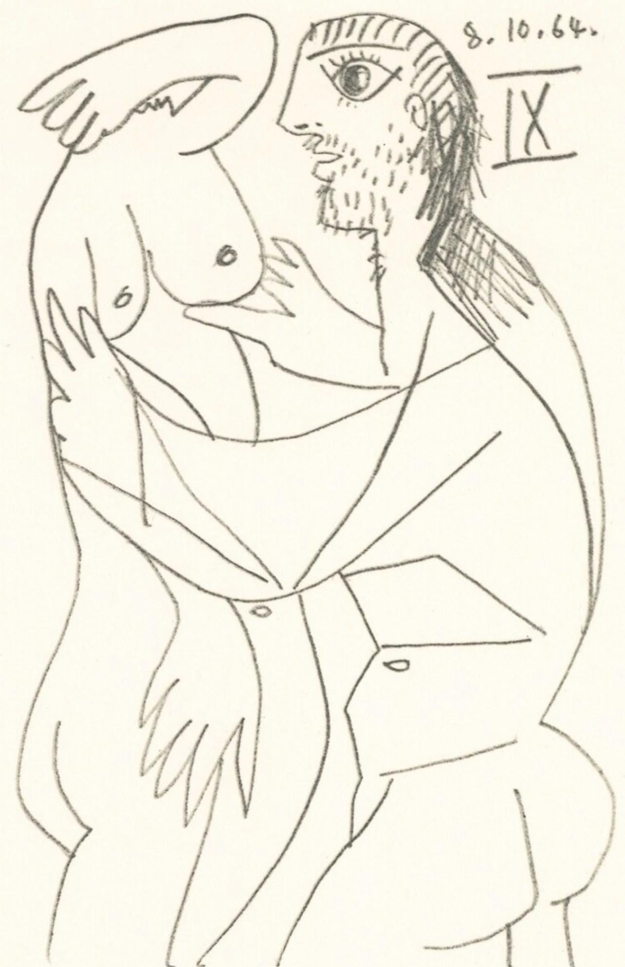 Pablo Picasso, 8.10.64. IX (Cramer 148), Le Gout du Bonheur, Limited Edition Mixed Media Lithograph: Lithograph and silkscreen with grease crayon, lithographic tusche, lead pencil, charcoal on velin d'Arches paper. Paper size: 12.8 x 9.84 inches. Inscription: Unsigned and unnumbered, as issued. Catal