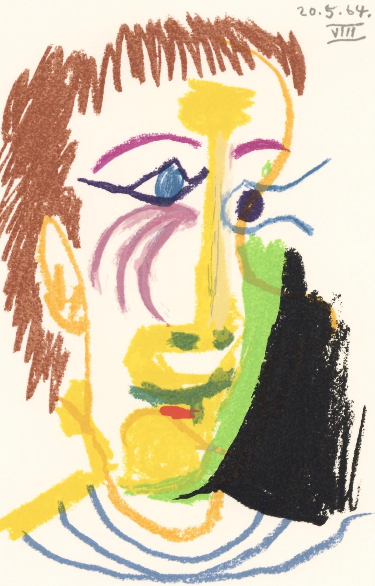 Pablo Picasso, 20.5.64. VIII (Cramer 148), Le Gout du Bonheur, Limited Edition Mixed Media: Lithograph and silkscreen with grease crayon, lithographic tusche, lead pencil, charcoal on velin d'Arches paper. Paper size: 12.8 x 9.84 inches. Inscription: Unsigned and unnumbered, as issued. Catal