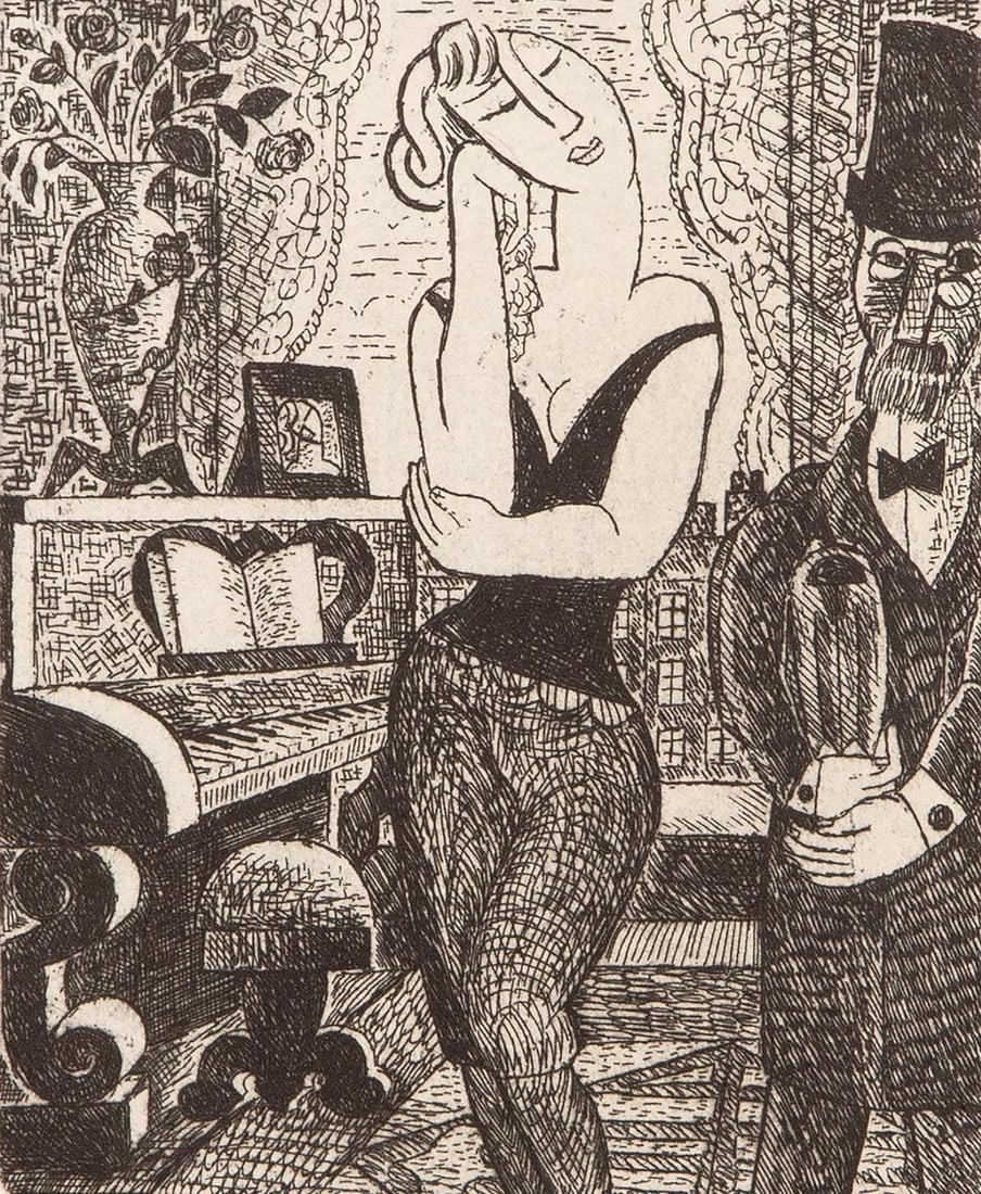 Marcel Gromaire, Composition, Vers un monde volage, Limited Edition Etching: Etching on velin d'Arches paper. Paper size: 11 x 8.75 inches. Excellent condition. Inscription: Unsigned and unnumbered, as issued. Notes: From the album, Vers un monde volage. Illustre de dix eaux-f