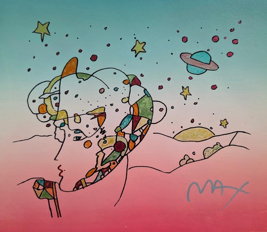 Peter Max, Galaxy Profile, Hand Signed, Mixed Media Watercolor and Silkscreen Painting: Watercolor and silkscreen on Fabriano velin paper. Paper size: 11 x 15 inches. Inscription: Hand signed in ink, as issued. Condition: Excellent. Notes: Published, printed, and painted by Peter Max,