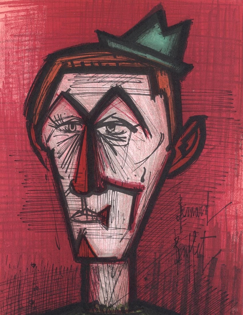 Bernard Buffet, Le clown au fond rouge, Lithographs 1952-1966, Limited Edition Lithograph: Lithograph on velin Acropole Papeteries de Renage paper. Paper size: 12.25 x 9.5 inches. Excellent condition. Inscription: Signed in the plate and unnumbered, as issued. Notes: From the album, Bernard