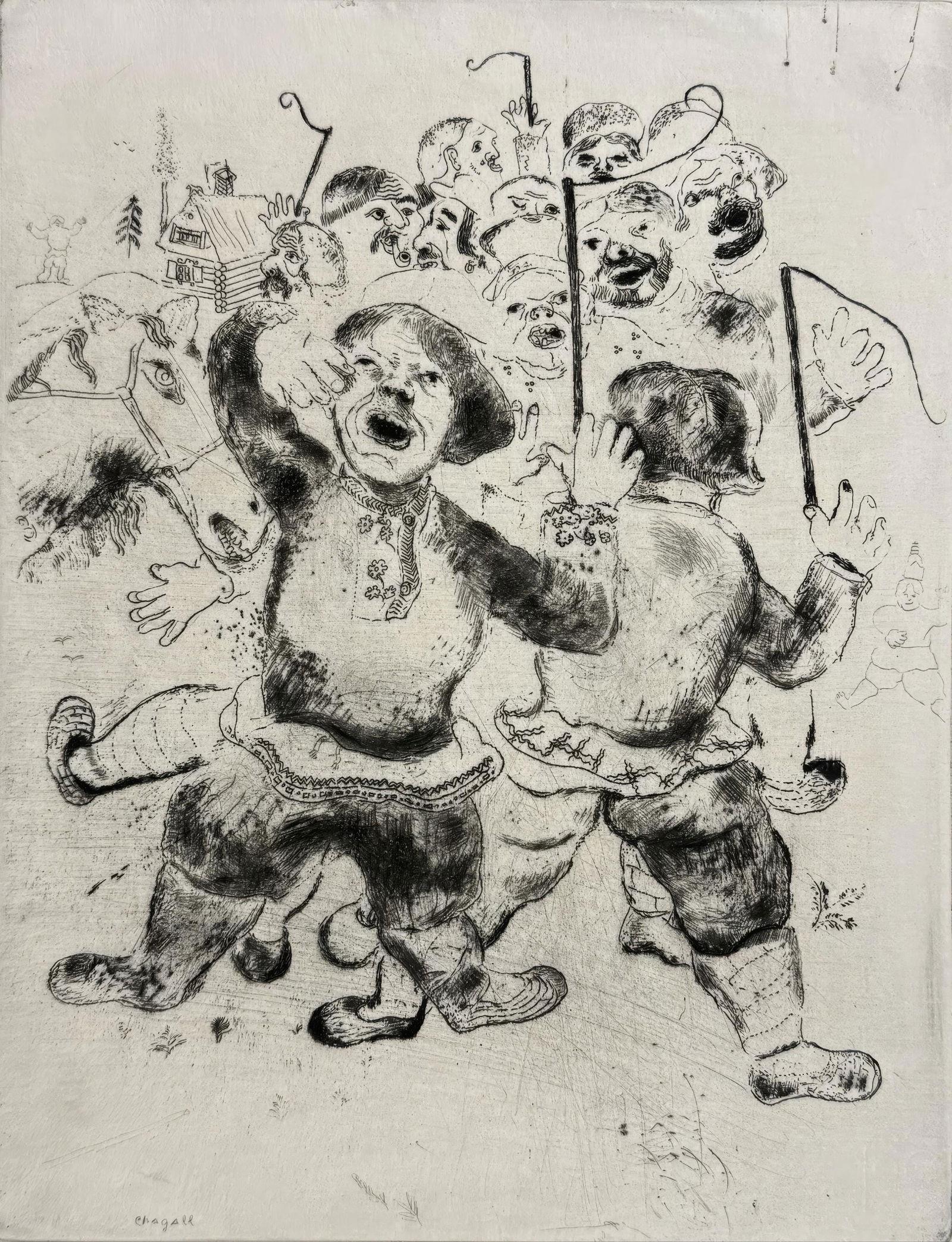 Marc Chagall, Gathering of Peasants, from Dead Souls, Limited Edition Etching, 1923-1927: This exquisite etching by Marc Chagall (1887-1985), titled Attroupement des paysans (Gathering of Peasants), originates from the celebrated folio Nicolas Gogol, Les Ames mortes, Eaux-fortes originales