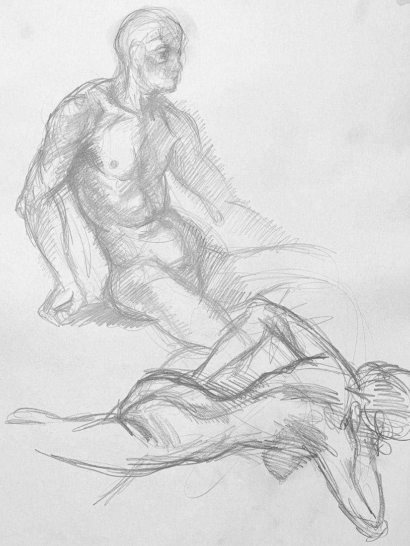 Ian Hornak, Renaissance Male and Female Nude Figure Study, 1963, Original Drawing: Graphite on velin paper, circa 1963. Paper Size: 23 x 18 inches. Good condition, consistent with age. Inscription: Unsigned, Estate stamped, verso. Provenance: Estate of Ian Hornak, East Hampton.