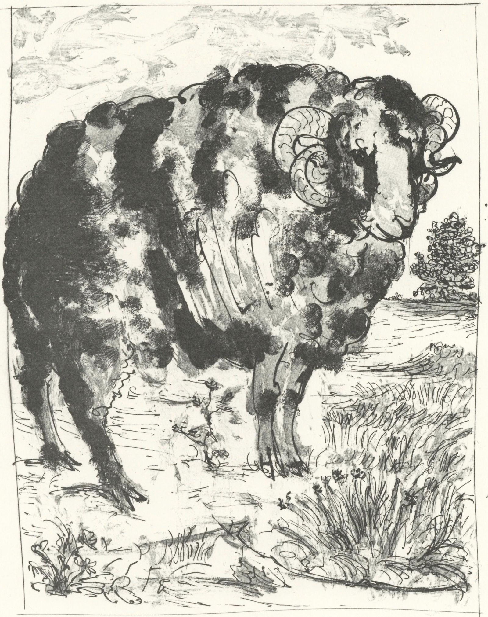 Pablo Picasso, Le Belier, (The Ram) (Orozco p.82), Histoire naturelle, Limited Edition Lithograph: Lithograph on papier bouffant des Papeteries de Casteljoux paper. Unsigned and unnumbered, as issued. Paper Size: 12.99 x 9.84 inches. Catalogue raisonne reference: Orozco, Miguel. The Orozco Collecti