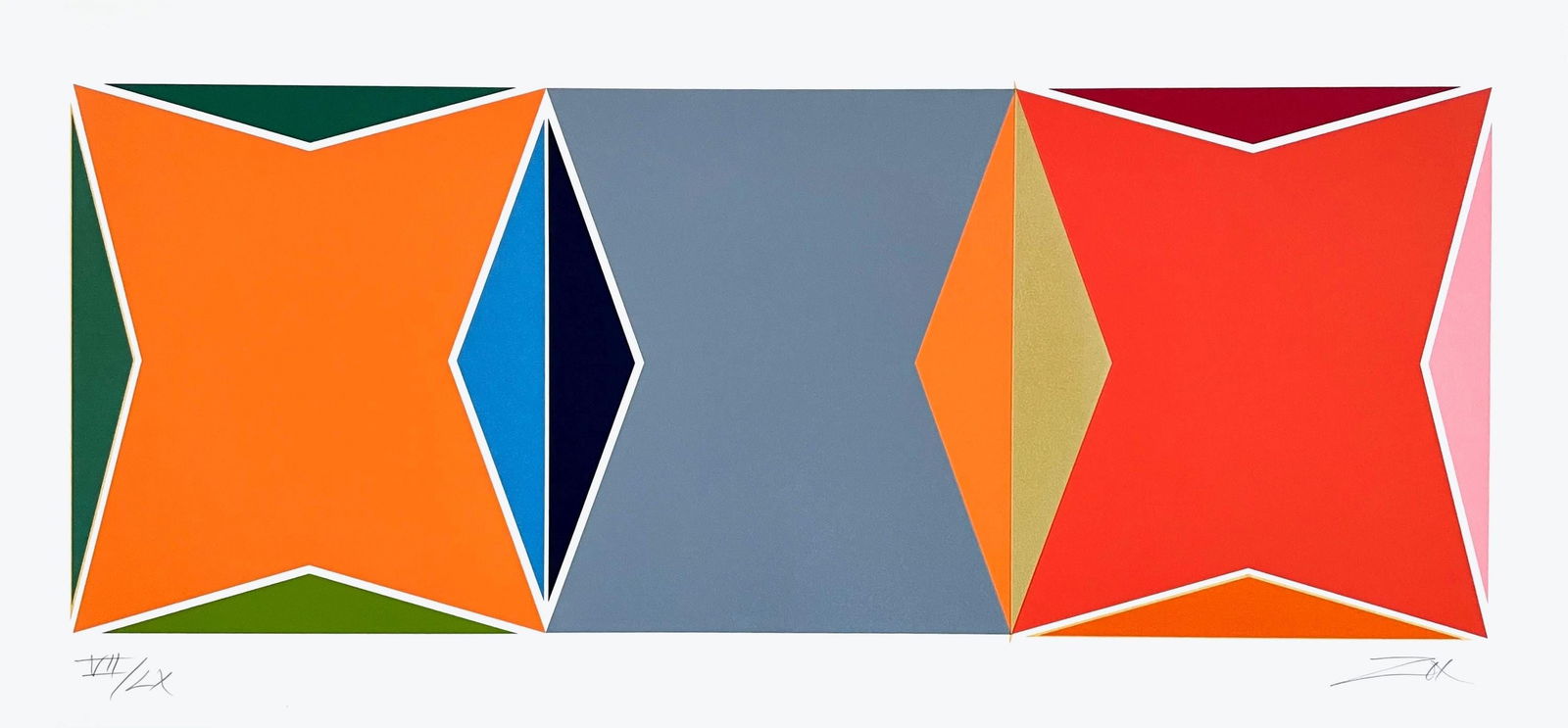 Larry Zox, Three Square Composition, Signed, Limited Edition Silkscreen: Silkscreen on velin d'Arches paper. Paper Size: 25 x 52.25 inches. Inscription: Hand signed and numbered, as issued. Condition: Excellent. Notes: Published and printed by John Nichols Printmakers &