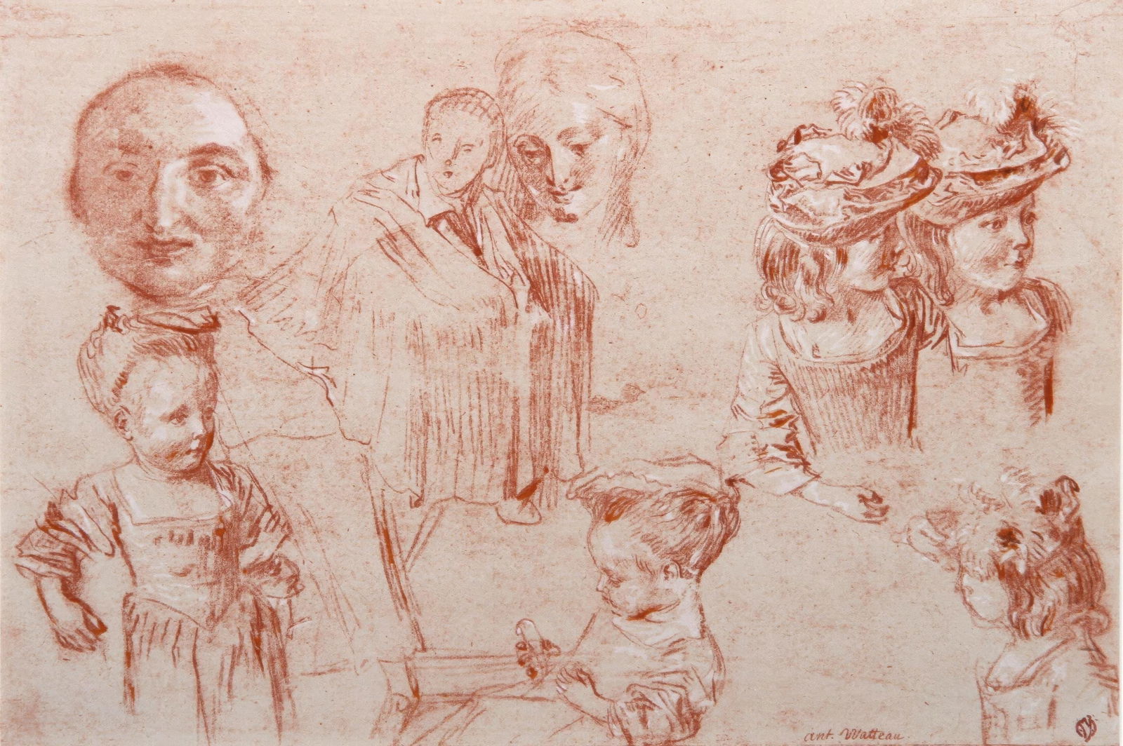 Antoine Watteau, Sketches of little girls, Limited Edition Lithograph and Pochoir, 1968: This exquisite lithograph and pochoir by Antoine Watteau (1684-1721), titled Feuille d etudes avec croquis de petites filles (Study sheet with sketches of little girls), originates from the 1968
