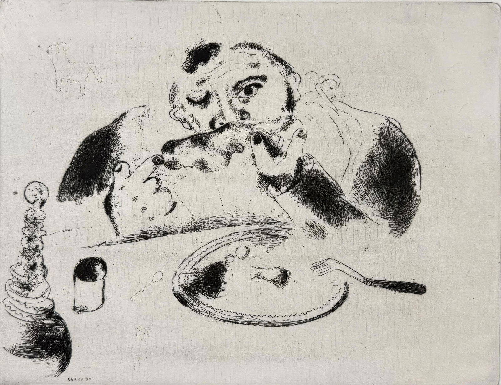 Marc Chagall, Sobakevitch at the Table, from Dead Souls, Limited Edition Etching, 1923-1927: This exquisite etching by Marc Chagall (1887-1985), titled Sobakevitch a table (Sobakevitch at the Table), originates from the celebrated folio Nicolas Gogol, Les Ames mortes, Eaux-fortes originales d