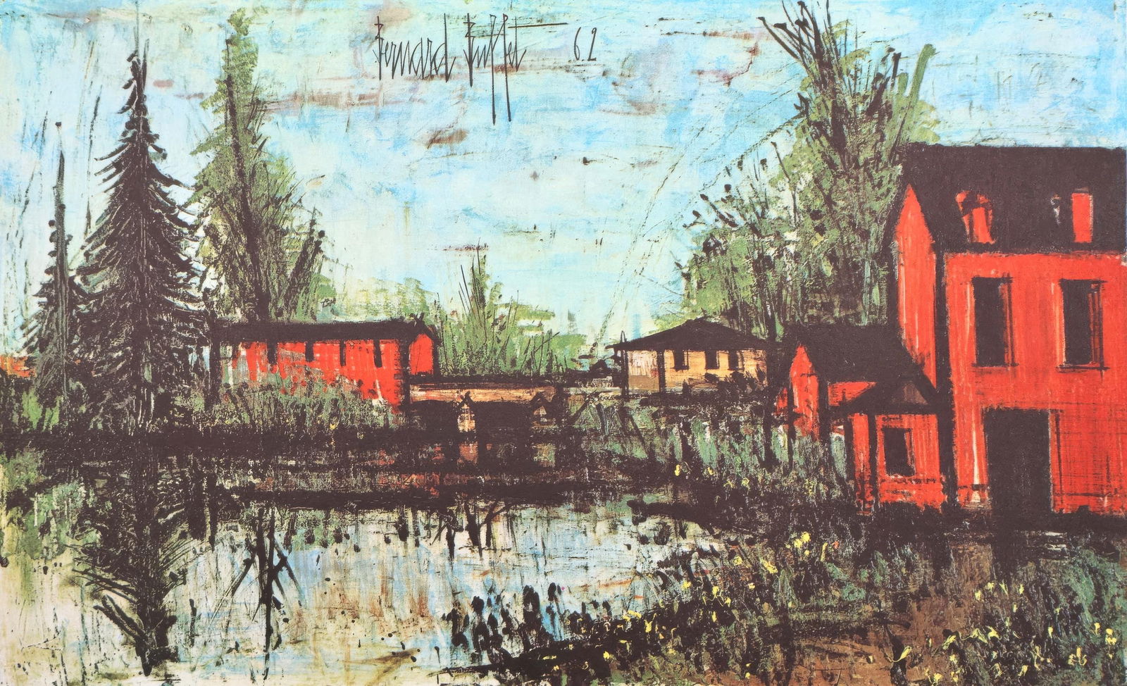 Bernard Buffet, Bridge over the Sarthe, from Painters of Today, Limited Edition Heliogravure, 1966: This exquisite heliogravure by Bernard Buffet (1928-1999), titled Pont sur la Sarthe (Bridge over the Sarthe), from the folio Bernard Buffet, Peintres d'aujourd'hui (Bernard Buffet, Painters of