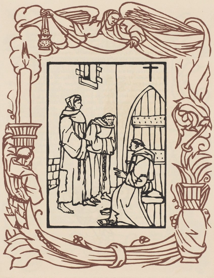 Emile Bernard, Composition (Morane, No. 100), Les Petites Fleurs de St. Francoise, Limited Edition: Wood engraving on verge d'Arches paper. Paper size: 12.8125 x 9.8125 inches. Excellent condition. Unsigned and unnumbered, as issued. Notes: From the volume, Les Petites Fleurs de St. Francois, 1928.