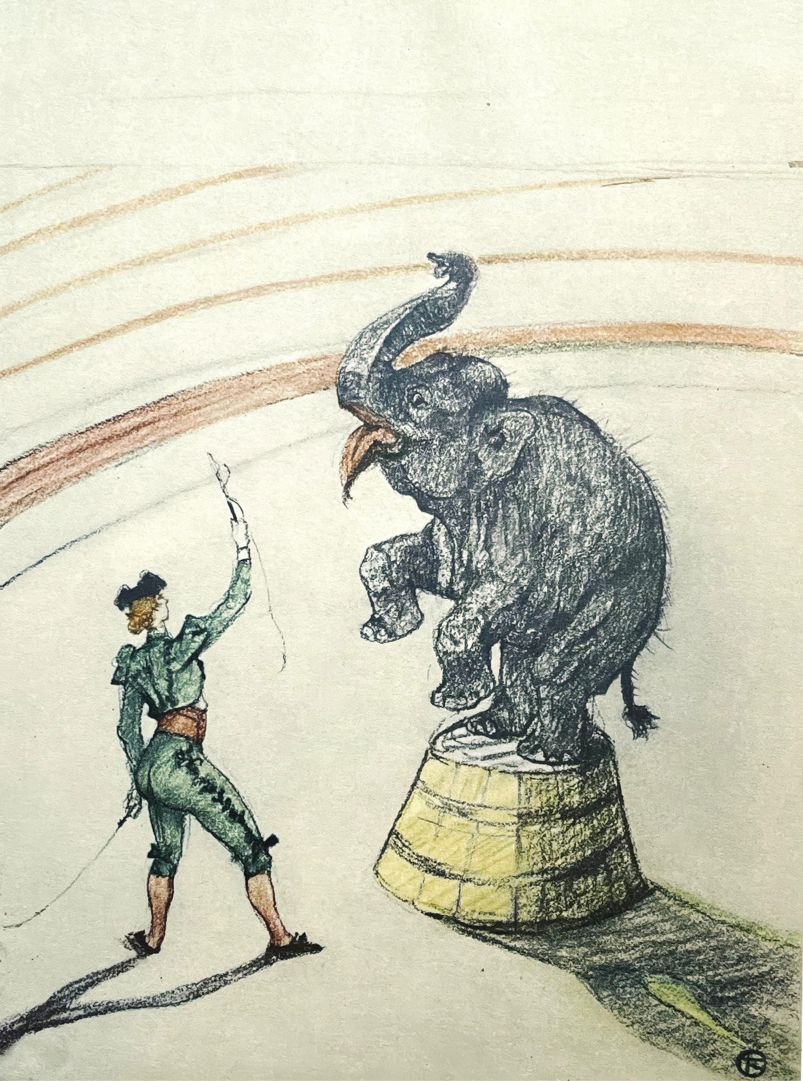 Henri de Toulouse-Lautrec, Performing Elephant, Limited Edition Lithograph, 1967: This exquisite lithograph by Henri de Toulouse-Lautrec (1864-1901), titled Elephant en execution (Performing Elephant), from the folio Henri de Toulouse-Lautrec, A Suite of Color Drawings at the