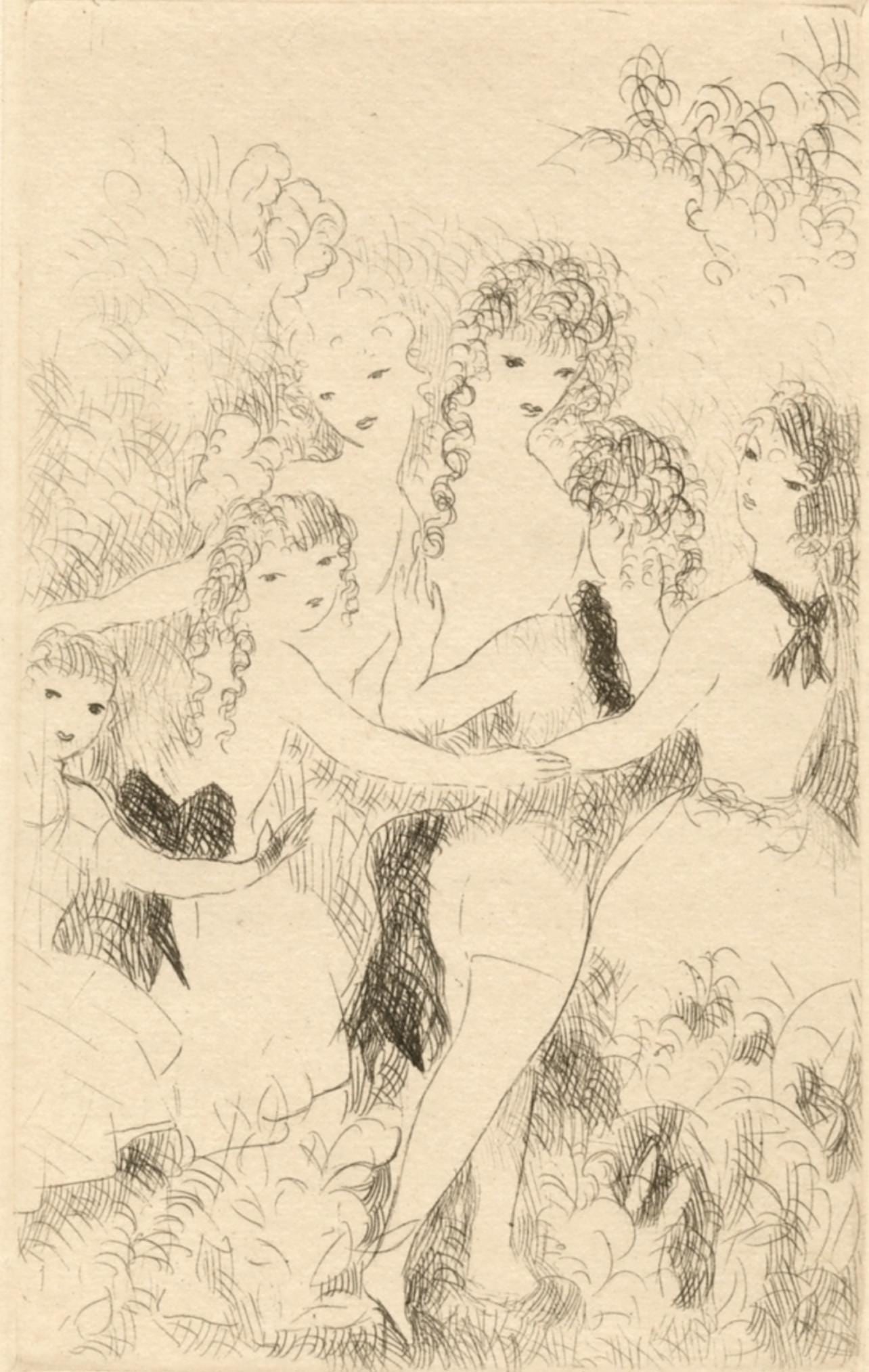 Marie Laurencin, La Ronde, Dix filles dans un pre, Limited Edition Etching: Etching on velin d'Annonay, des freres Montgolfier paper. Signed in the plate and unnumbered, as issued. Paper size: 7.5 x 5.5 inches. Excellent condition. Notes: From the volume, Dix filles dans un