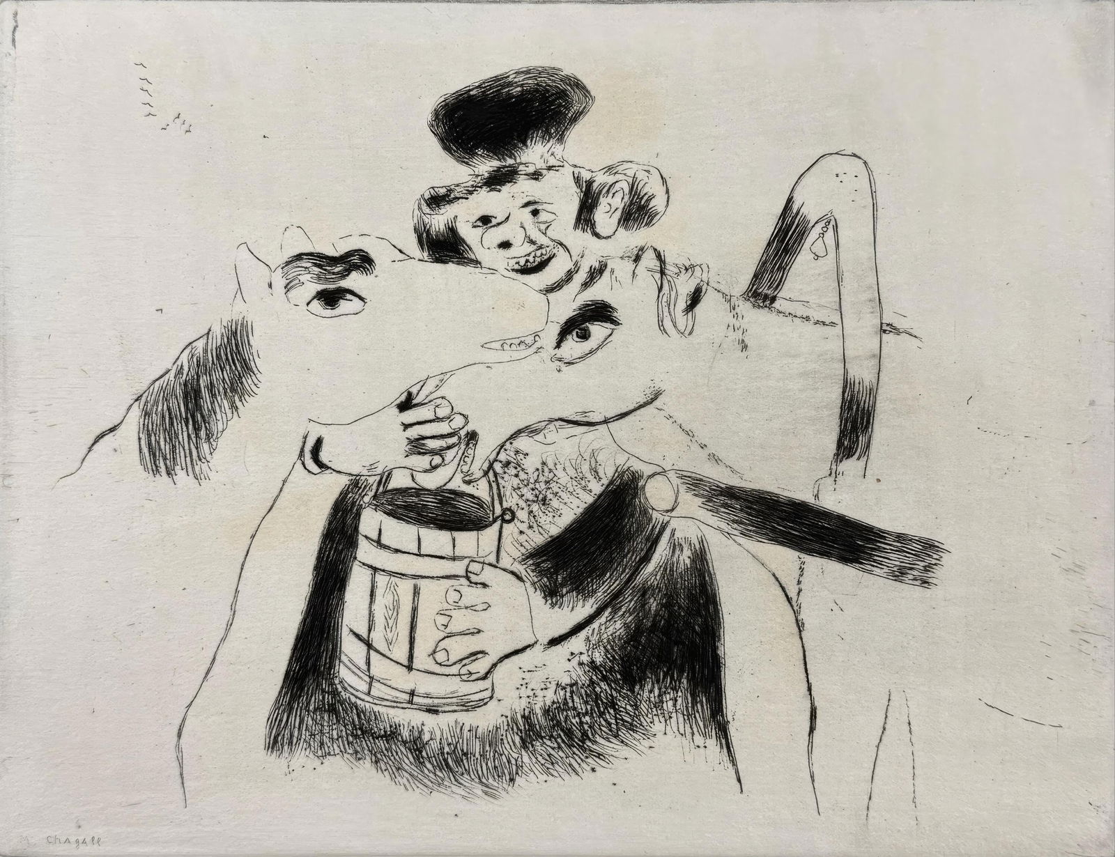 Marc Chagall, The Appearance of the Policemen, from Dead Souls, Limited Edition Etching, 1923-1927: This exquisite etching by Marc Chagall (1887-1985), titled Le cocher donne a manger aux chevaux (The Coachman Feeds the Horses), originates from the celebrated folio Nicolas Gogol, Les Ames mortes, Ea