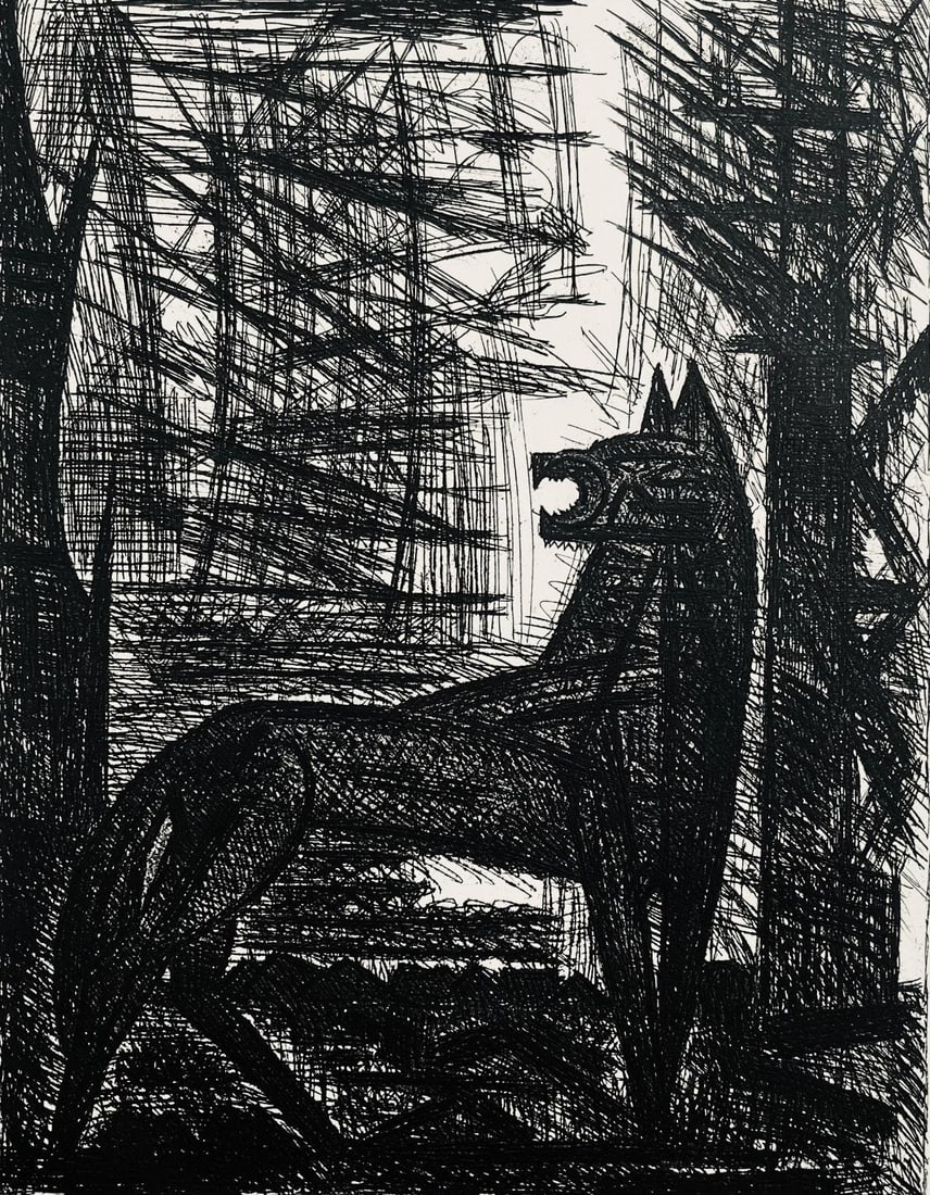 Marcel Gromaire, Presage, Le Loup, Scene VIII, Shakespeare, Macbeth, Eaux-fortes de Gromaire,: Etching on velin de Rives paper. Unsigned and unnumbered, as issued. Paper Size: 16 x 12 inches. Excellent condition. Notes: From the folio, Shakespeare, Macbeth, Eaux-fortes de Gromaire, 1958. Publis