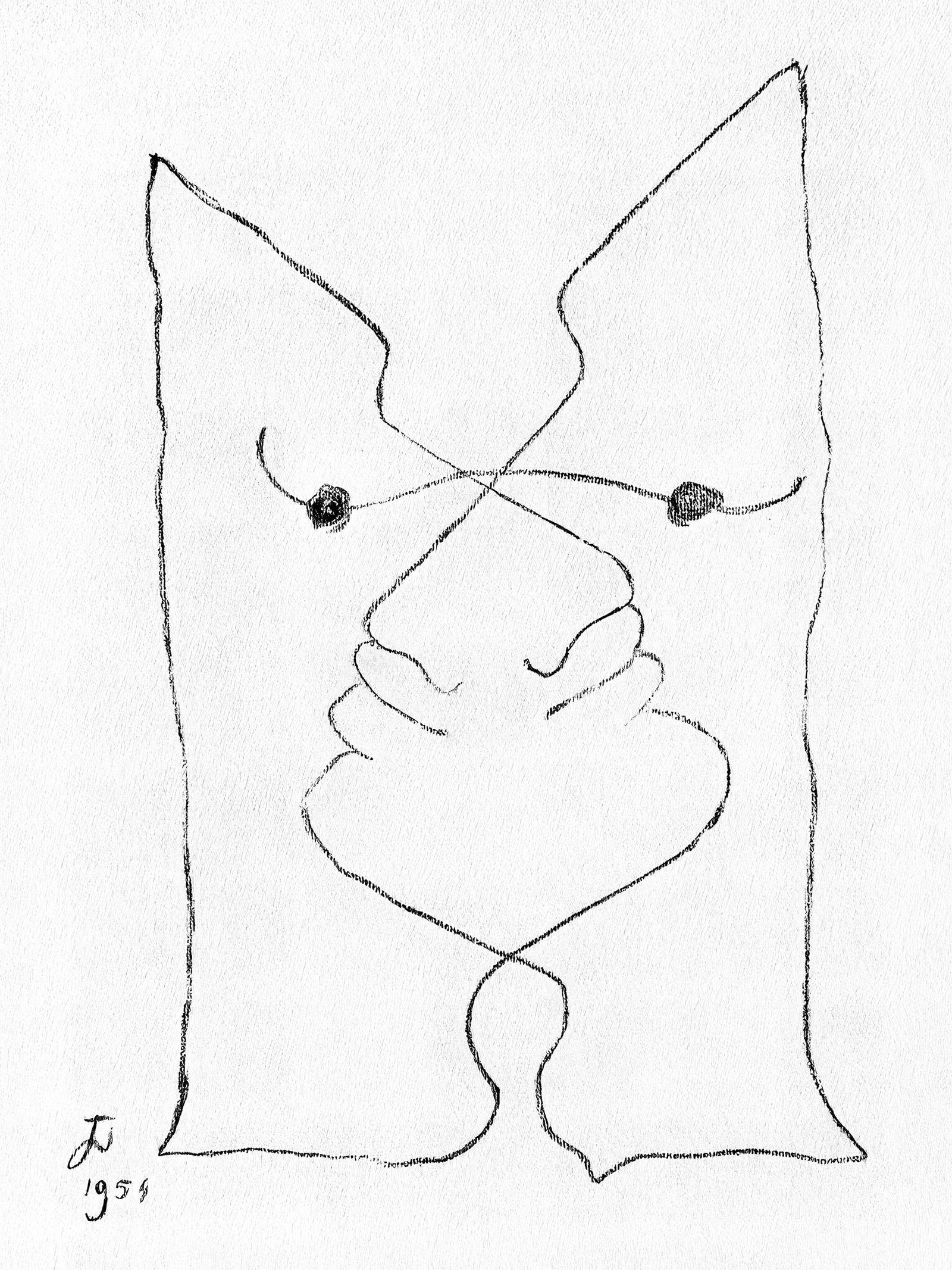 Jean Cocteau, Untitled, from Under the Coat of Fire, Limited Edition Lithograph, 1955: This exquisite lithograph by Jean Cocteau (1889-1963), titled Sans titre (Untitled), originates from the 1955 album Sous le manteau de feu, Poems, douze lithographies originales de Jean Cocteau de