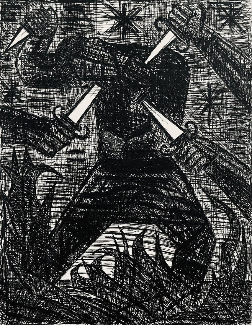 Marcel Gromaire, Assassinat De Banquo, Scene XII, Shakespeare, Macbeth, Eaux-fortes de Gromaire,: Etching on velin de Rives paper. Unsigned and unnumbered, as issued. Paper Size: 16 x 12 inches. Excellent condition. Notes: From the folio, Shakespeare, Macbeth, Eaux-fortes de Gromaire, 1958. Publis