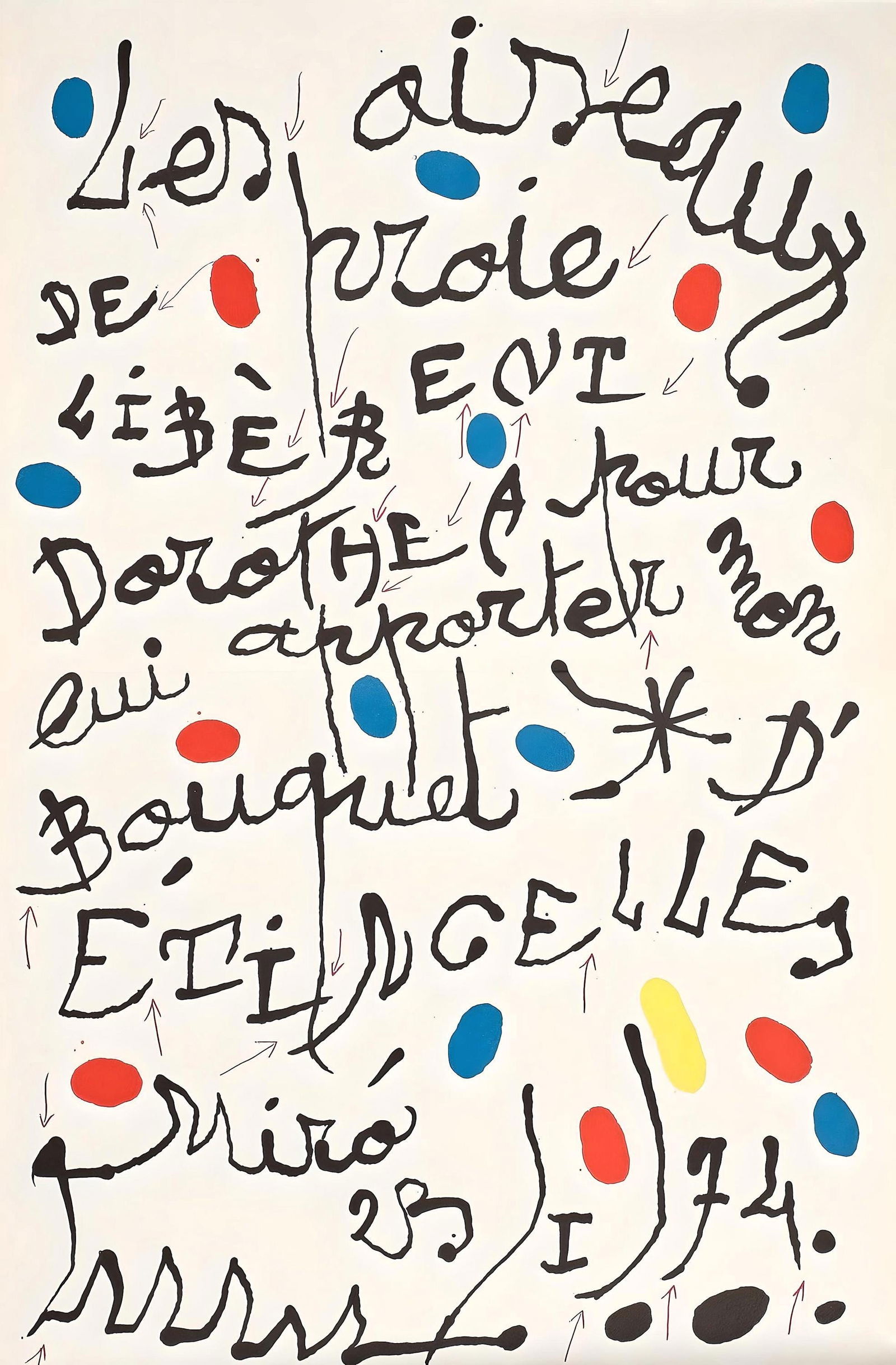 Joan Miro, Poeme pour Dorothea Tanning, XXe siecle, Limited Edition Lithograph: Lithograph on velin paper. Paper Size: 19.5 x 12.5 inches. Excellent condition, with centerfold, as issued. Inscription: Unsigned and unnumbered, as issued. Notes: From the volume, XXe Siecle,
