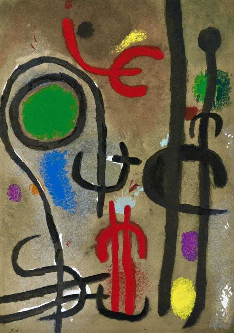 Joan Miro, Composition (Cramer 103; Mourlot 382-383), Miro Cartones 1956-1965, Limited Edition: Lithograph and stencil on velin paper. Paper size: 12.25 x 8.625 inches. Excellent condition. Inscription: Unsigned and unnumbered, as issued. Notes: From the album, Miro: Cartones, 1959-1965,