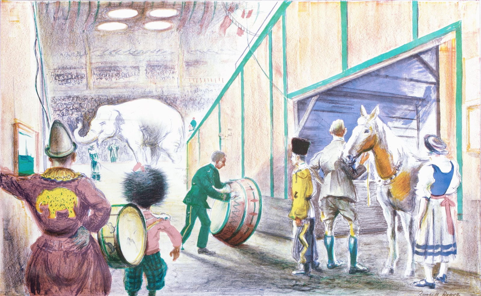 Russell Reeve, The Circus, S.P.17., from School Prints Ltd., Limited Edition Lithograph, 1947: This exquisite lithograph by Russell Reeve (1895-1970), titled The Circus, S.P.17., originates from the School Prints Ltd. series, published by School Prints Ltd., London, under the direction of