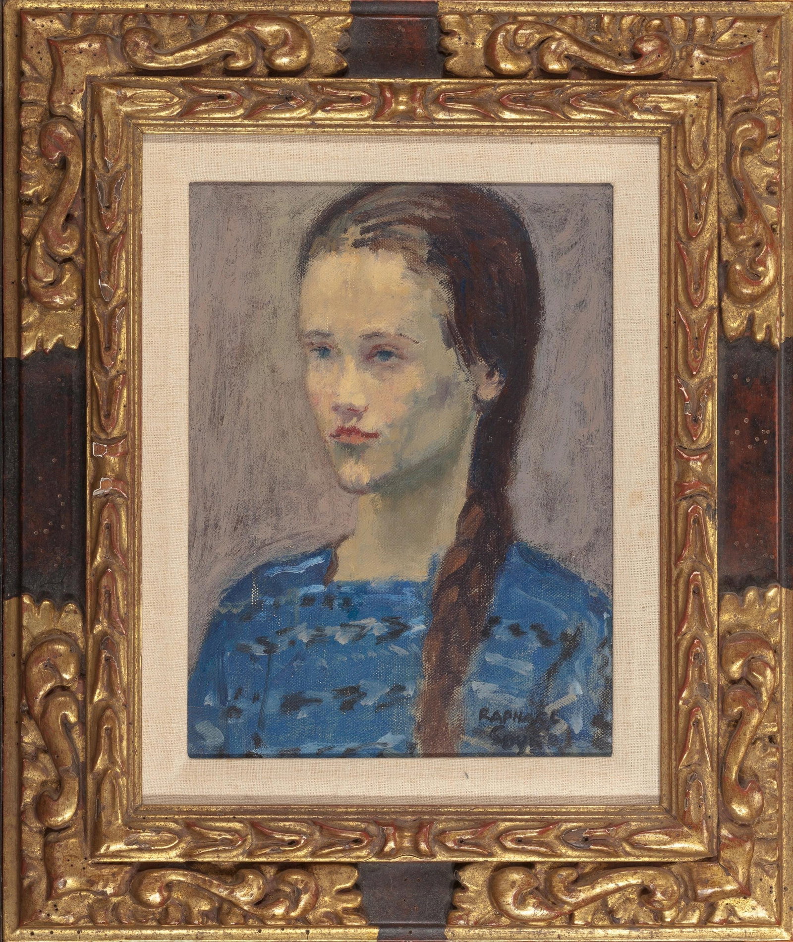 Raphael Soyer, Girl with Braided Hair, Original Oil Painting, Circa 1947: Oil on canvas. Canvas Size: 12 x 9 inches; framed size, 19 x 16 inches. Inscription: Hand signed, recto, as issued. Condition: Very good/excellent, consistent with age. Notes: Painted by Raphael Soyer