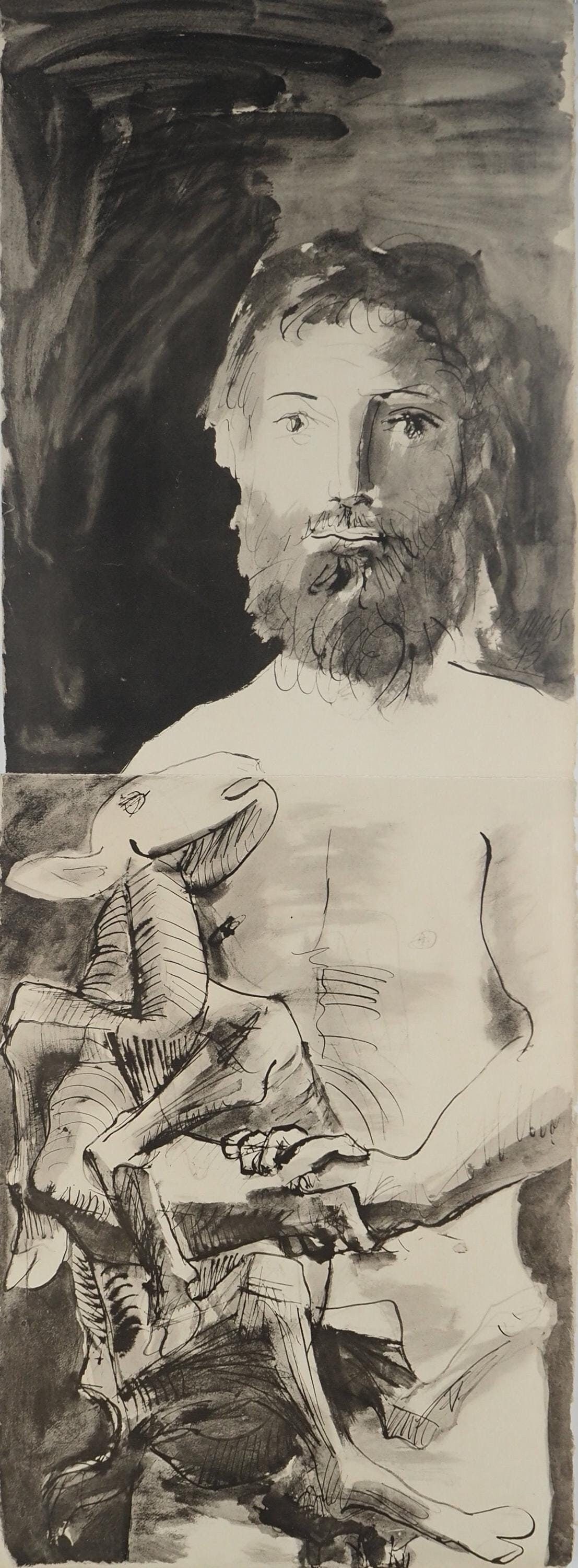 Pablo Picasso, Composition (Orozco 238), Picasso, La flute double, Limited Edition Lithograph: Lithograph and stencil on papier a la cuve du moulin Richard de Bas paper, specialement filigrane pour cette edition. Paper size: 45 x 16.5 inches. Excellent condition, with centerfold, as issued. Uns