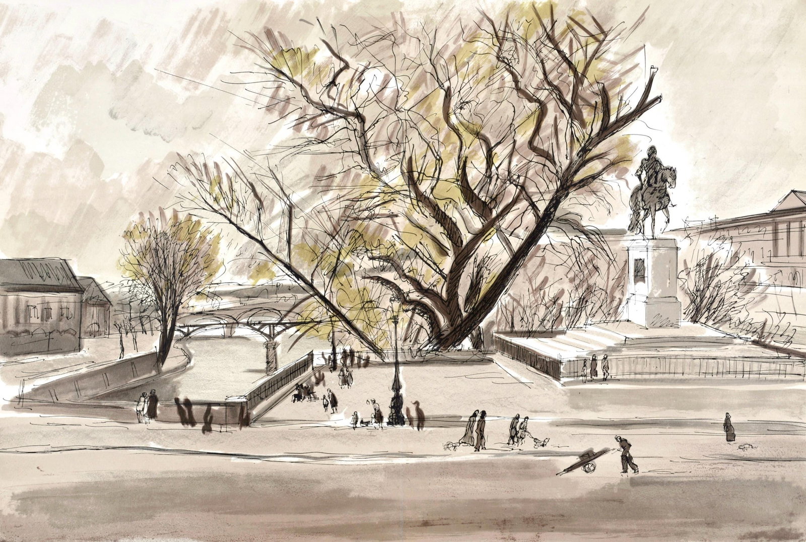 Andre Dunoyer de Segonzac, Paris le Pont Neuf, Regards sur Paris, Limited Edition Lithograph: Lithograph on velin d'Arches paper. Paper size: 15.5 x 24 inches. Excellent condition, with centerfold, as issued. Inscription: unsigned and unnumbered, as issued. Notes: from the folio, Regards sur P