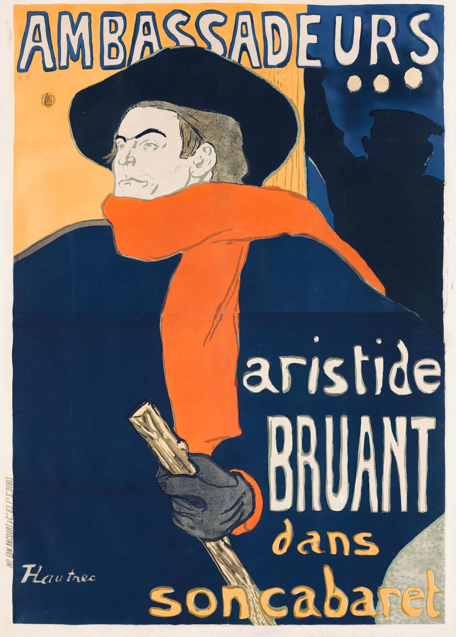 Henri de Toulouse-Lautrec, Aristide Bruant, Ambassadeurs, Les Affiches De Toulouse-Lautrec, Limited: Lithograph on grand velin Filigrane a sa marque paper. Paper size: 12.5 x 9.75 inches; image size: 11.42 x 7.87 inches. Excellent condition. Inscription: Signed in the plate and unnumbered, as