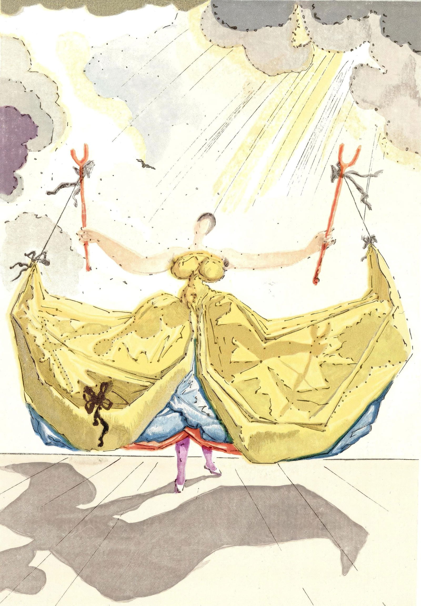 Salvador Dali, Untitled, from The Three-Cornered Hat, Limited Edition Engraving, 1958: This exquisite engraving by Salvador Dali (1904-1989), titled Sans titre (Untitled), from the folio Le Tricorne (The Three-Cornered Hat), originates from the 1958 edition published by Editions du