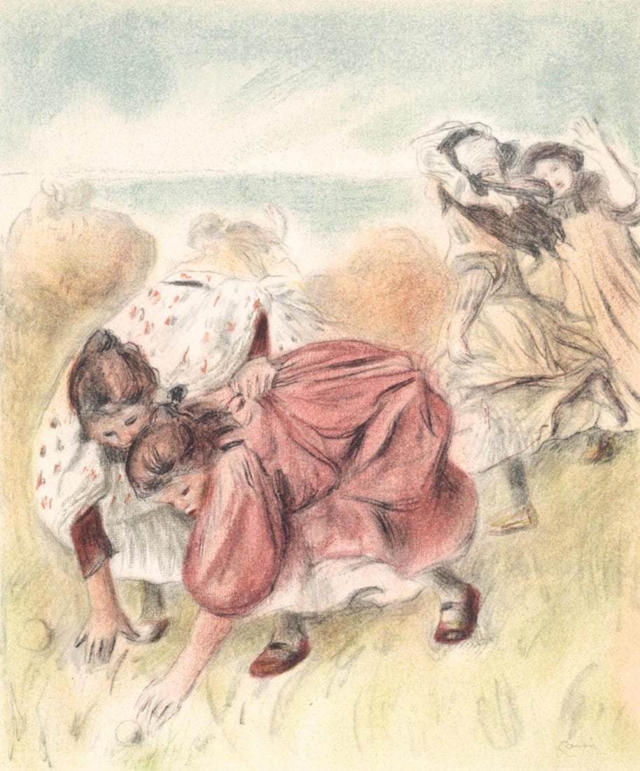 Pierre-Auguste Renoir, Enfants jouant a la balle, Les Lithographies de Renoir, Limited Edition: Lithograph on grand velin Renage filigrane a la marque de l'editeur paper. Inscription: Signed in the plate and unnumbered, as issued. Paper Size: 12.5 x 9.5 inches; image size: 10.63 x 8.66 inches.