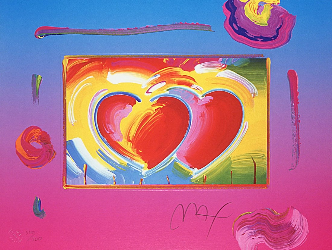 Peter Max, Two Hearts on Blends, Hand Signed, Official Limited Edition Lithograph: Lithograph in colors on fine archival paper. Paper size: 13 x 17 inches. Inscription: Hand signed by Peter Max and numbered, as issued. Condition: Excellent. Notes: Published and printed by Via Max, I