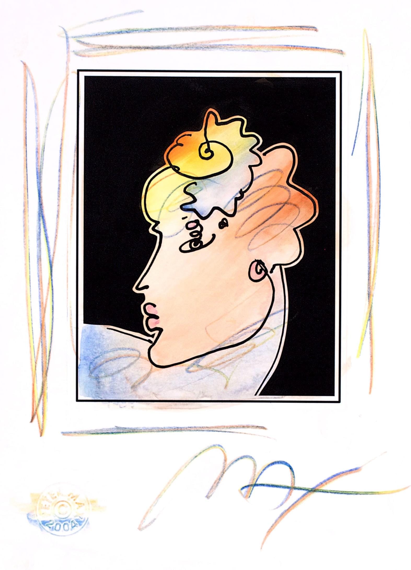 Peter Max, Lady Profile with Flower, Black and White Series, Hand Signed, Official Edition Mixed (1 of 4)