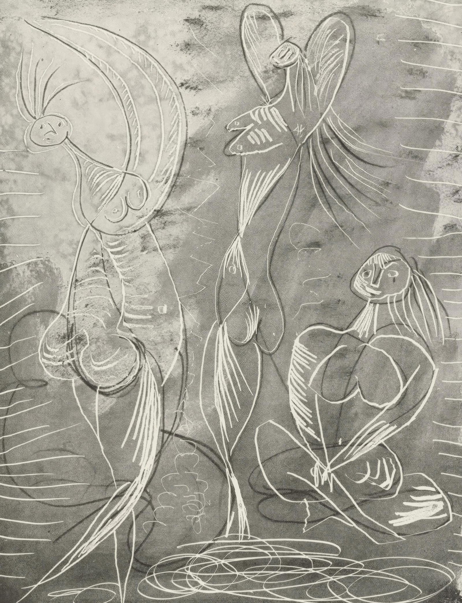 Pablo Picasso, Seated Woman and Two Dancers, from The Honeysuckle, Limited Edition Zincograph, 1943: This exquisite zincograph by Pablo Picasso (1881-1973), titled Femme assise et deux danseurs (Seated Woman and Two Dancers), from the album Le Chevre-Feuille (The Honeysuckle), originates from the 194