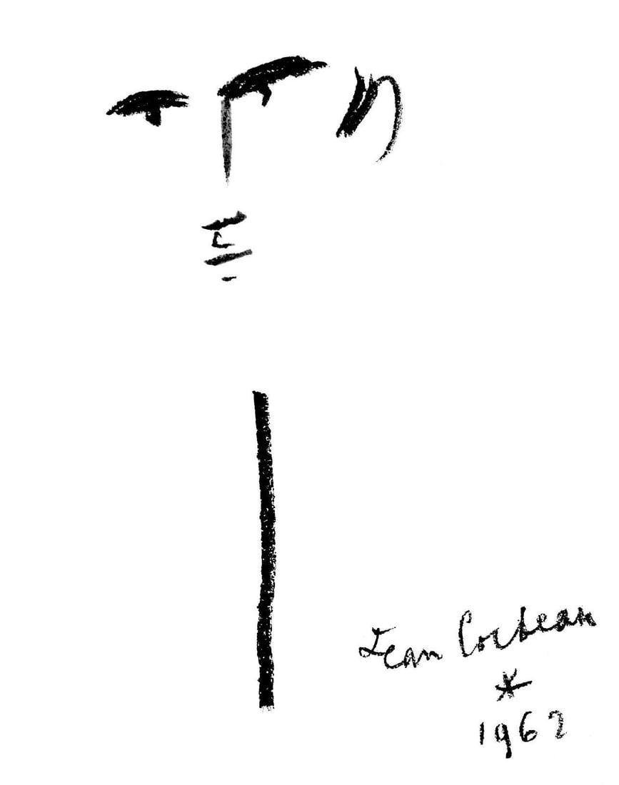 Jean Cocteau, La cravate de deuil, Taureaux, Lithographies de Jean Cocteau, Limited Edition: Lithograph on velin de Rives paper. Paper Size: 15 x 11 inches. Inscription: Signed in the plate and unnumbered, as issued. Notes: From the folio, Taureaux, Lithographies de Jean Cocteau, 1965.