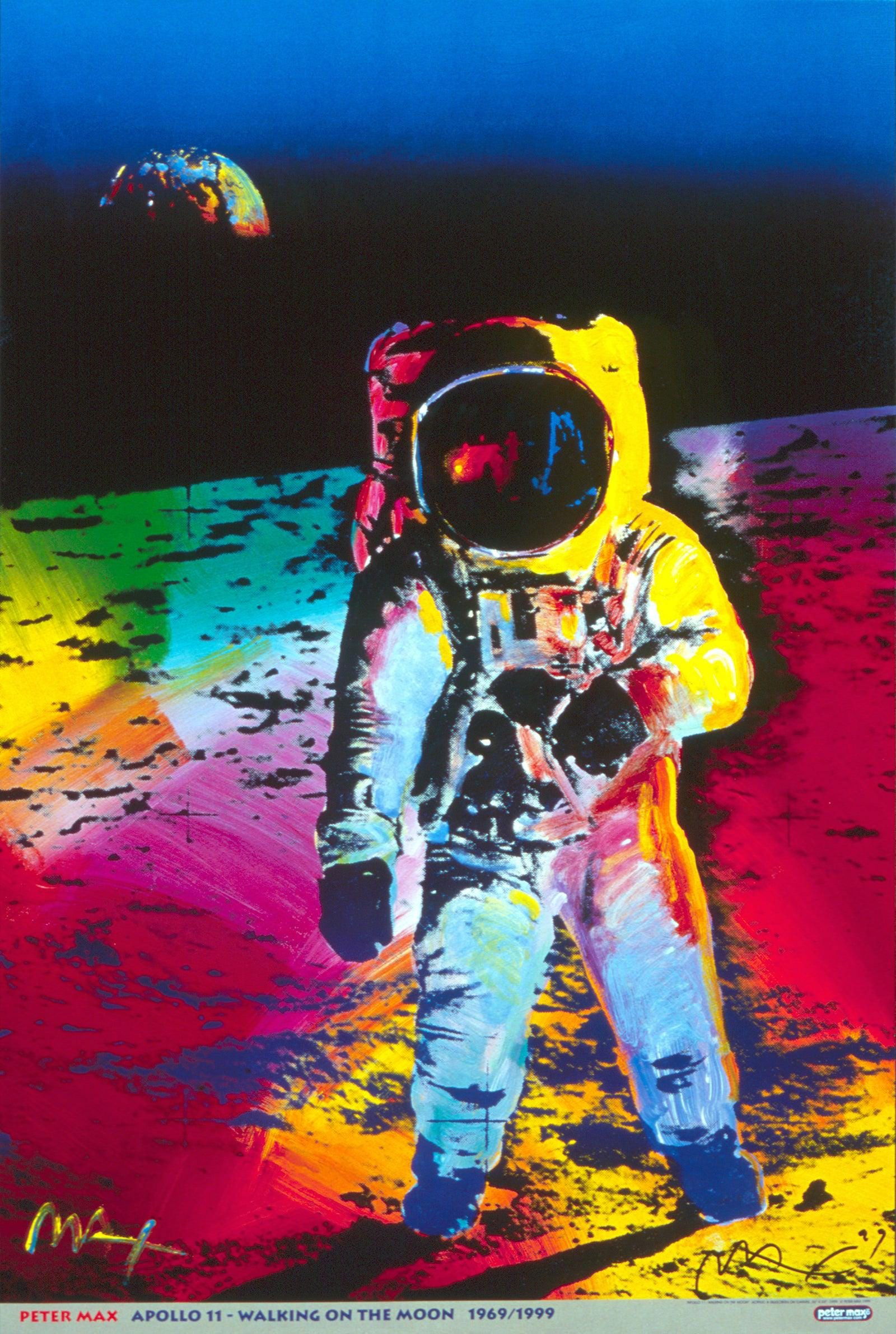 Peter Max, Apollo 11-Walking On The Moon, 1999, Hand Signed, Official Edition Offset Lithograph: Offset lithograph in colors on gloss archival paper. Paper size: 36 x 24 inches. Inscription: Hand signed by Peter Max in ink and unnumbered, as issued. Condition: Excellent. Notes: Published and