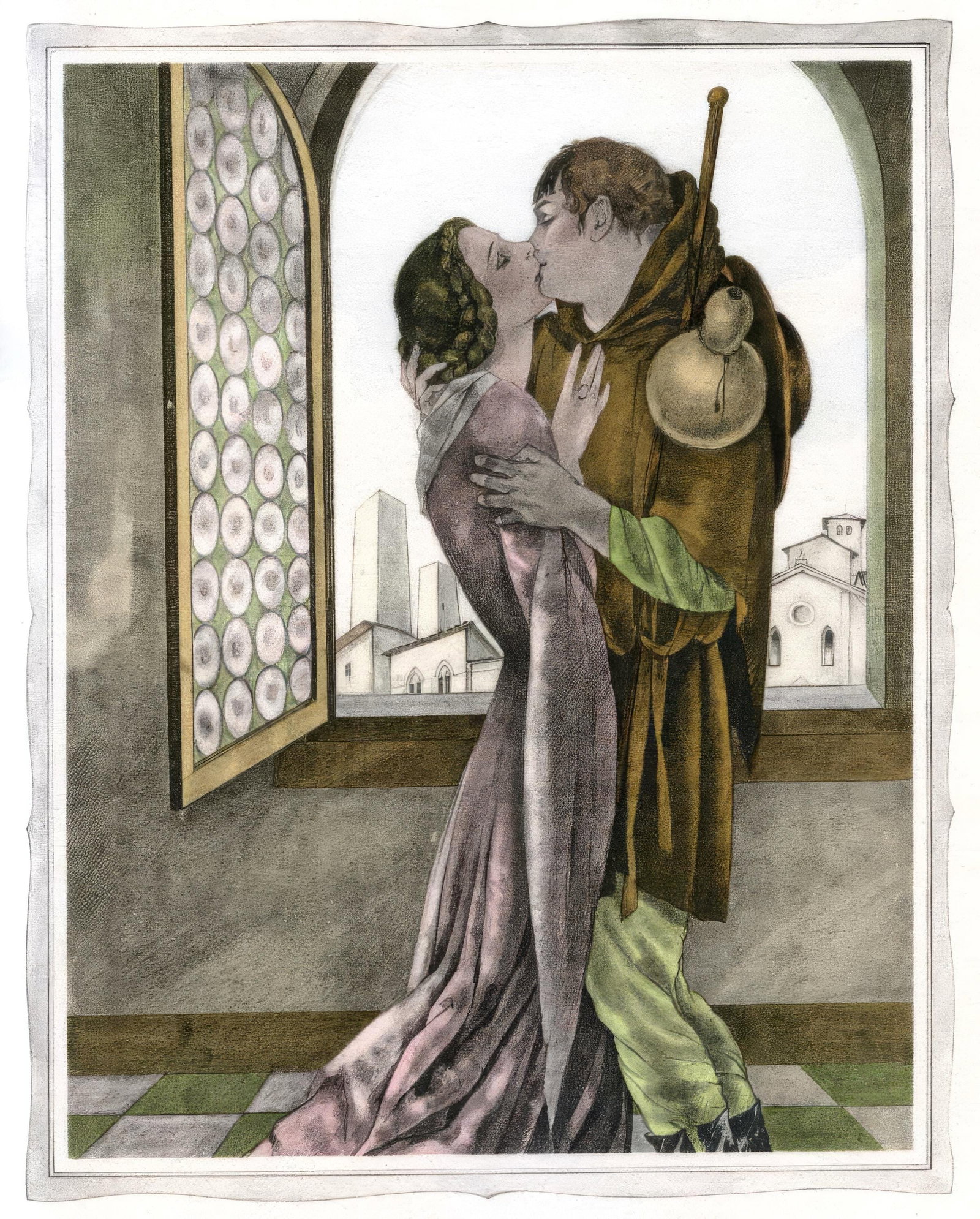 Umberto Brunelleschi, Untitled, from The Tales of Boccaccio, Limited Edition Lithograph and Pochoir,: This exquisite lithograph and pochoir by Umberto Brunelleschi (1879-1949), titled Sans titre (Untitled), originates from the celebrated album Les contes de Boccace (The Tales of Boccaccio), published