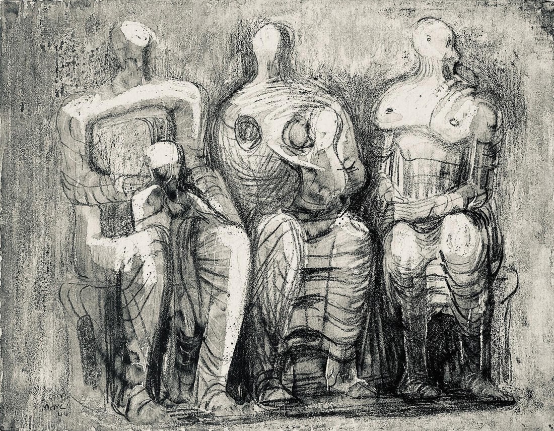Henry Moore, Three Figures with Children, The Drawings of Henry Moore, Limited Edition Lithograph: Lithograph on velin paper. Paper size: 12.5 x 13.5 inches. Excellent condition. Unsigned and unnumbered, as issued. Notes: From the folio, The Drawings of Henry Moore, 1946. Published by Curt Valentin