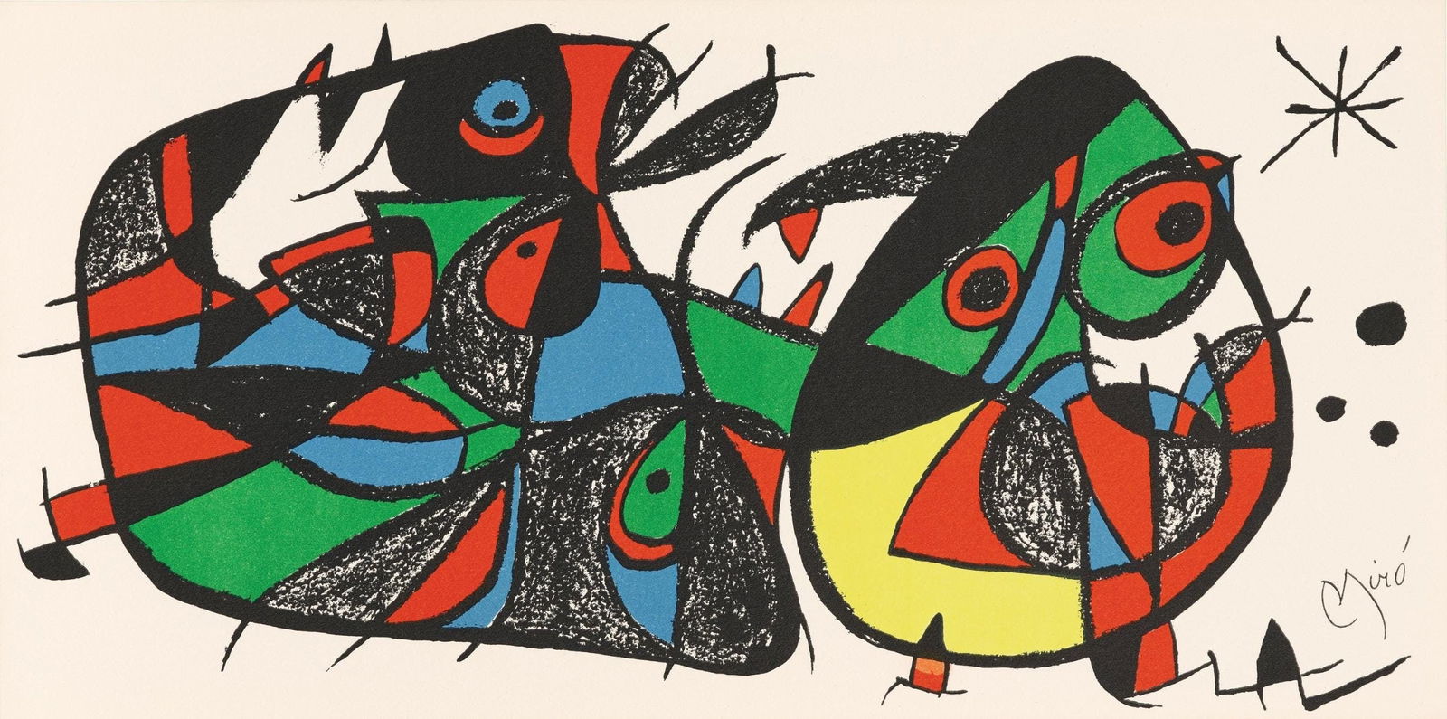 Joan Miro, Composition (Cramer 193; Mourlot 936), Limited Edition Lithograph: Lithograph on Guarro velin paper. Paper Size: 7.9 x 15.7 inches. Excellent condition. Inscription: Unsigned and unnumbered, as issued. Notes: Published by Grafica Contemporanea, Milan; printed by La