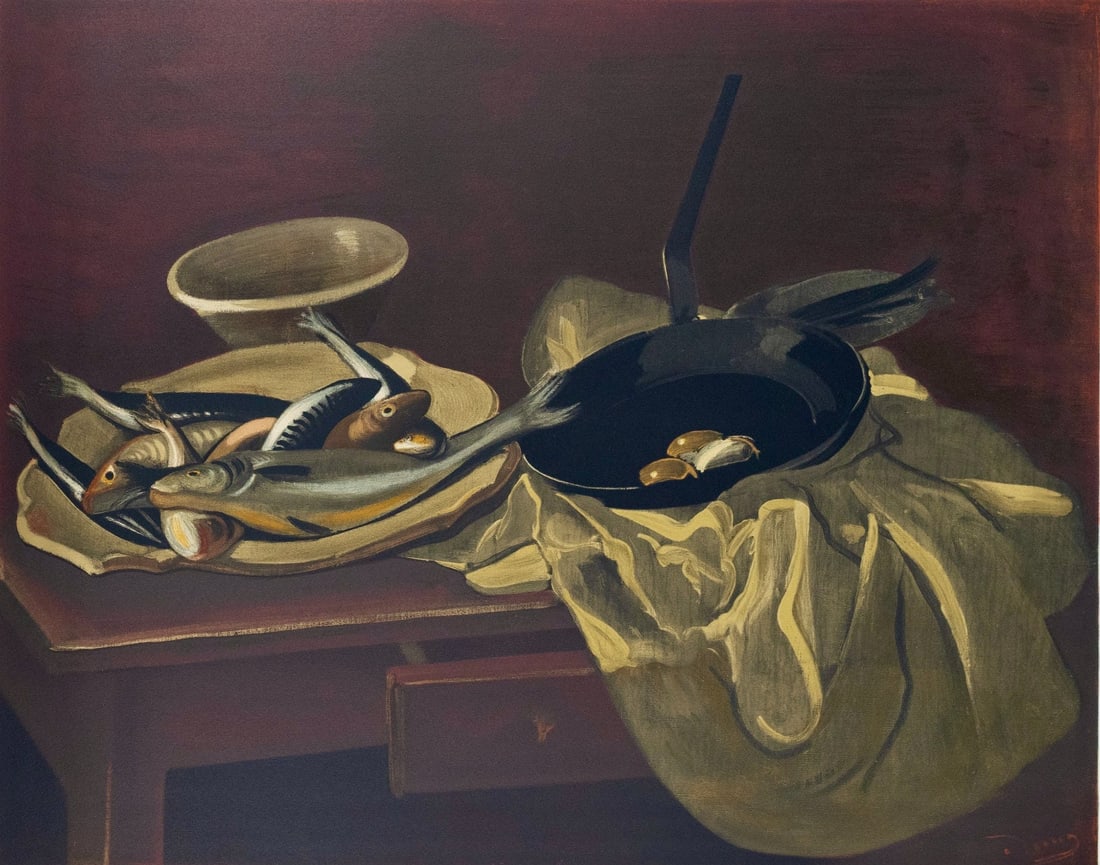 Andre Derain, Nature morte aux Poissons et a La Poele, Andre Derain, Collection Pierre Levy, Limited: Lithograph on velin d'Arches paper. Inscription: Unsigned and unnumbered. Paper Size: 20 x 26 inches. Excellent condition.. Notes: From the folio, Andre Derain entre 1935 et 1949, V, Collection