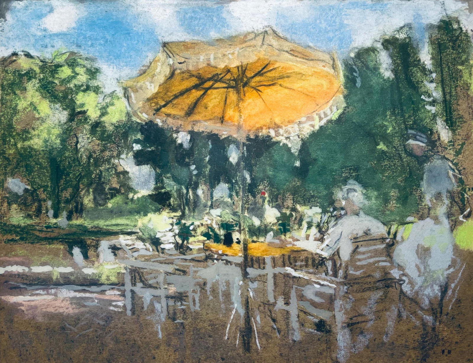 Jean-Edouard Vuillard, The Orange Parasol, from Vuillard, Twelve Pastels, Limited Edition Lithograph: This exquisite lithograph and pochoir by Jean-Edouard Vuillard (1868-1940), titled Le Parasol Orange (The Orange Parasol), from the folio Vuillard, Douze Pastels (Vuillard, Twelve Pastels),