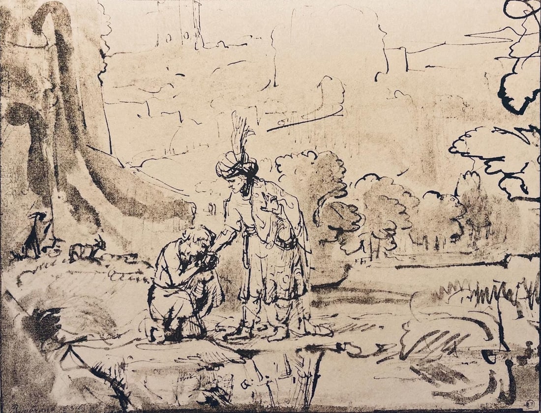 Rembrandt van Rijn, Jonathan and David, Limited Edition Collotype: Collotype on Hamilton Kilmory paper. Unsigned and unnumbered, as issued. Paper Size: 9.5 x 12.5 inches. Excellent condition. Notes: From the folio, Rembrandt, Drawings from the Bible, Thirty-two