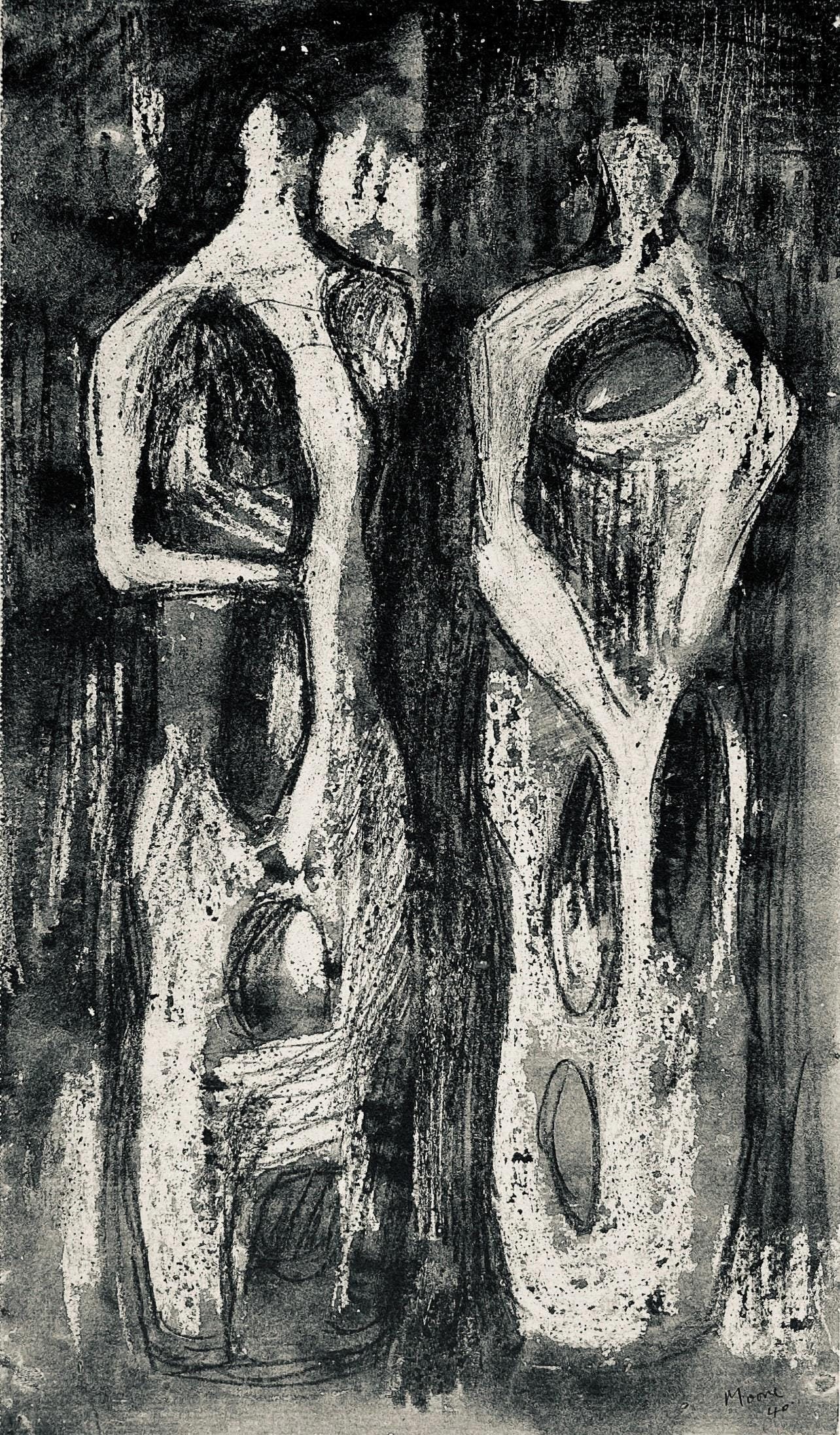 Henry Moore, Two Standing Figures, The Drawings of Henry Moore, Limited Edition Lithograph: Lithograph on velin paper. Paper size: 13.5 x 12.5 inches. Excellent condition. Unsigned and unnumbered, as issued. Notes: From the folio, The Drawings of Henry Moore, 1946. Published by Curt Valentin