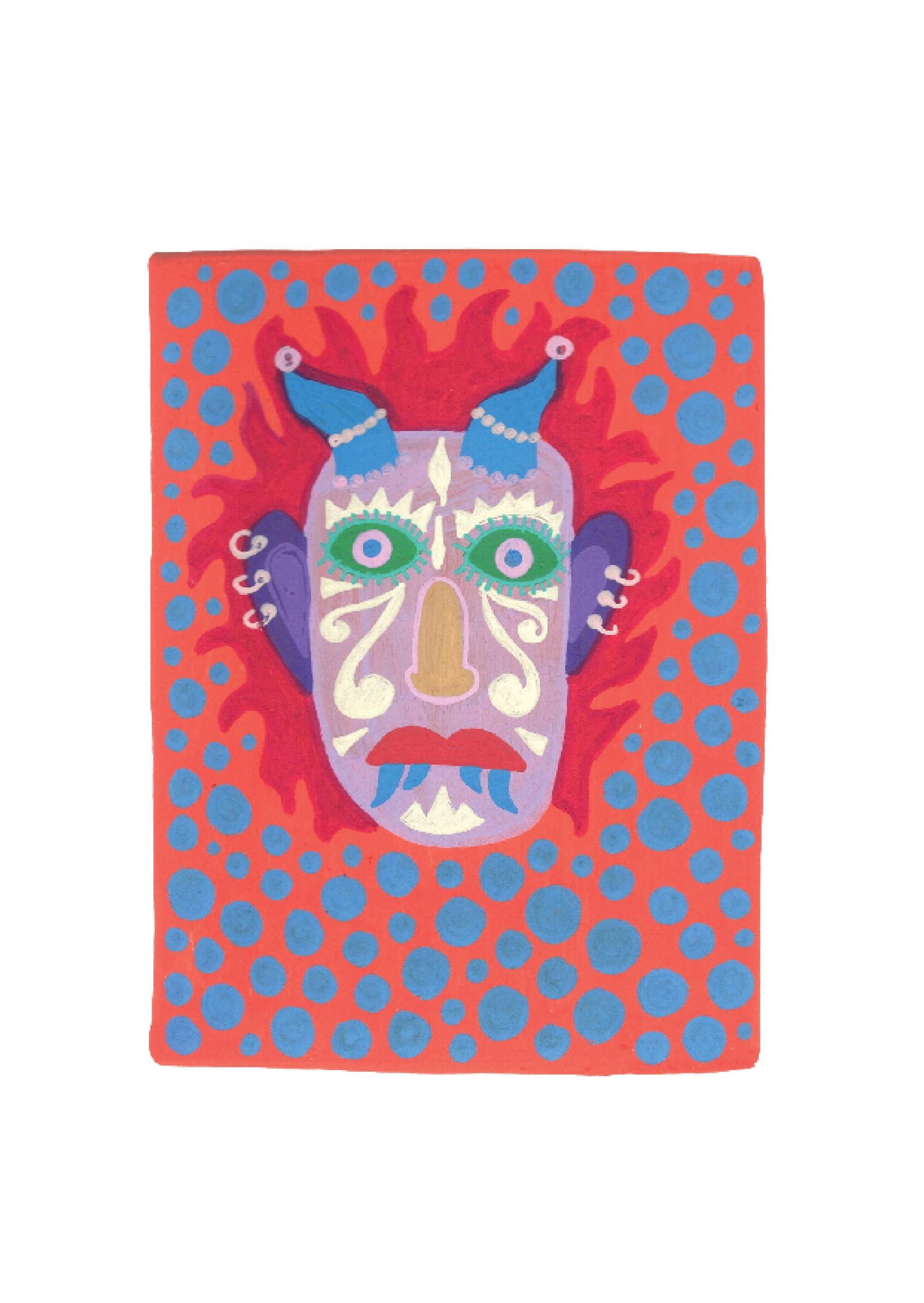 Evil Eye Mask 16: Inspired by the South Indian Drishti Bommai mask; a protective talisman traditionally represented as a doll; this artwork draws from a visual language widely seen across South India. These figures are
