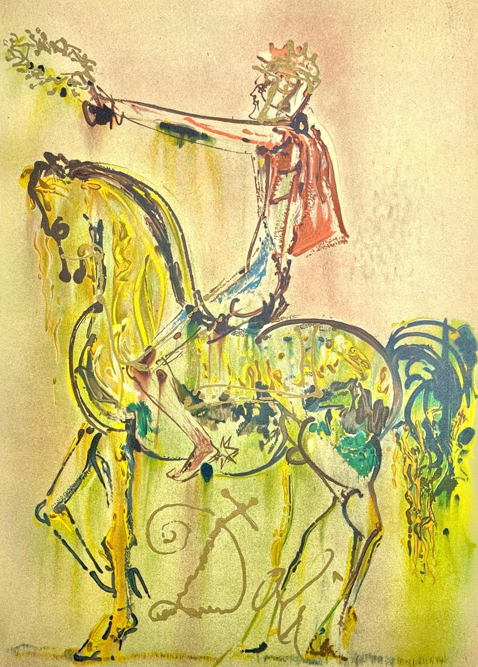 Salvador Dali, Chevalier Romain, Les Chevaux de Dali, Fac-simile Signed, Limited Edition Lithograph: Lithograph in colors on pur chiffon velin d'Arches paper. Paper size: 22.24 x 14.37 inches. Inscription: Fac-simile signed and unnumbered, as issued. Condition: Very good/excellent, consistent with ag