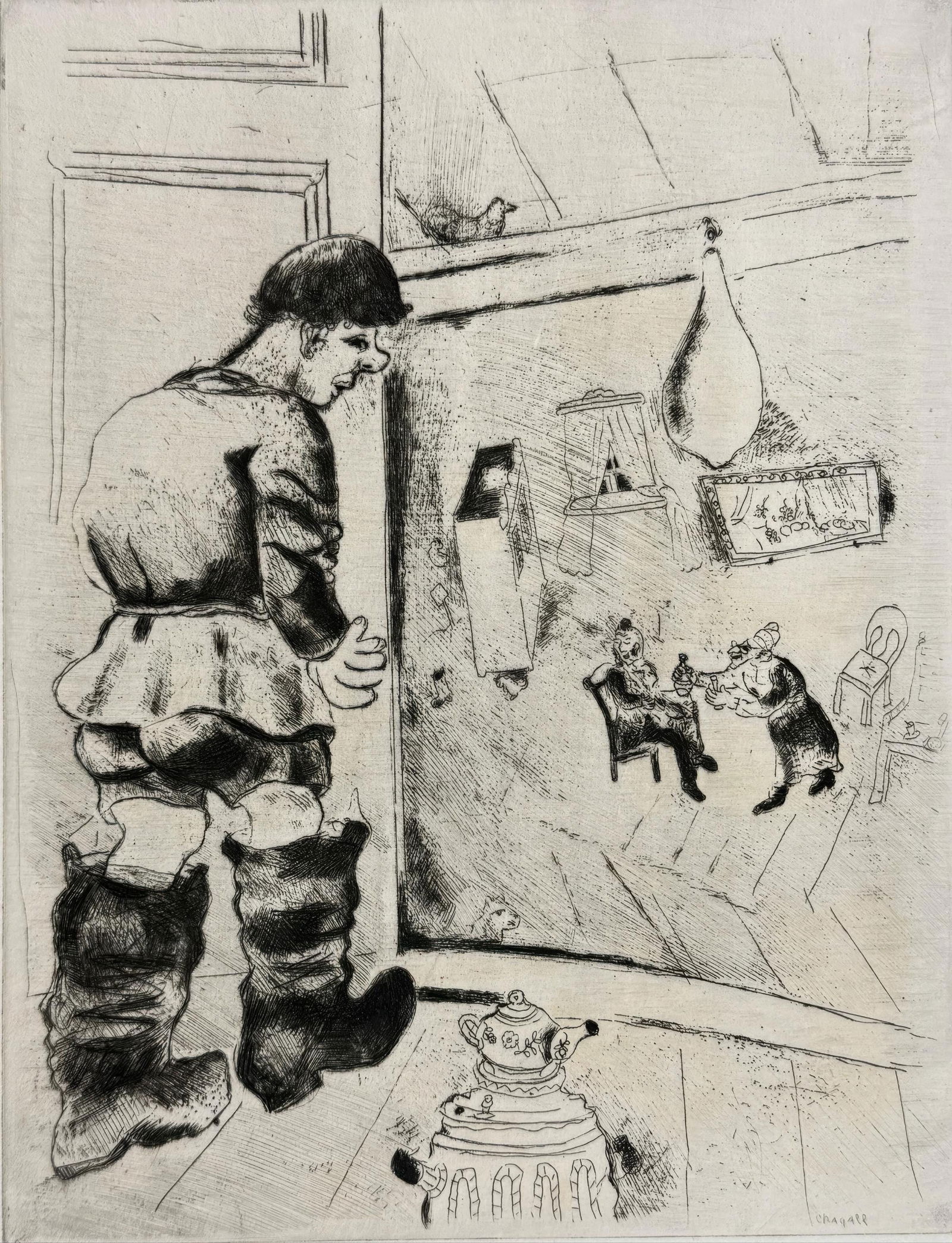 Marc Chagall, Prochka, from Dead Souls, Limited Edition Etching, 1923-1927: This exquisite etching by Marc Chagall (1887-1985), titled Prochka (Prochka), originates from the celebrated folio Nicolas Gogol, Les Ames mortes, Eaux-fortes originales de Marc Chagall (Nicolas