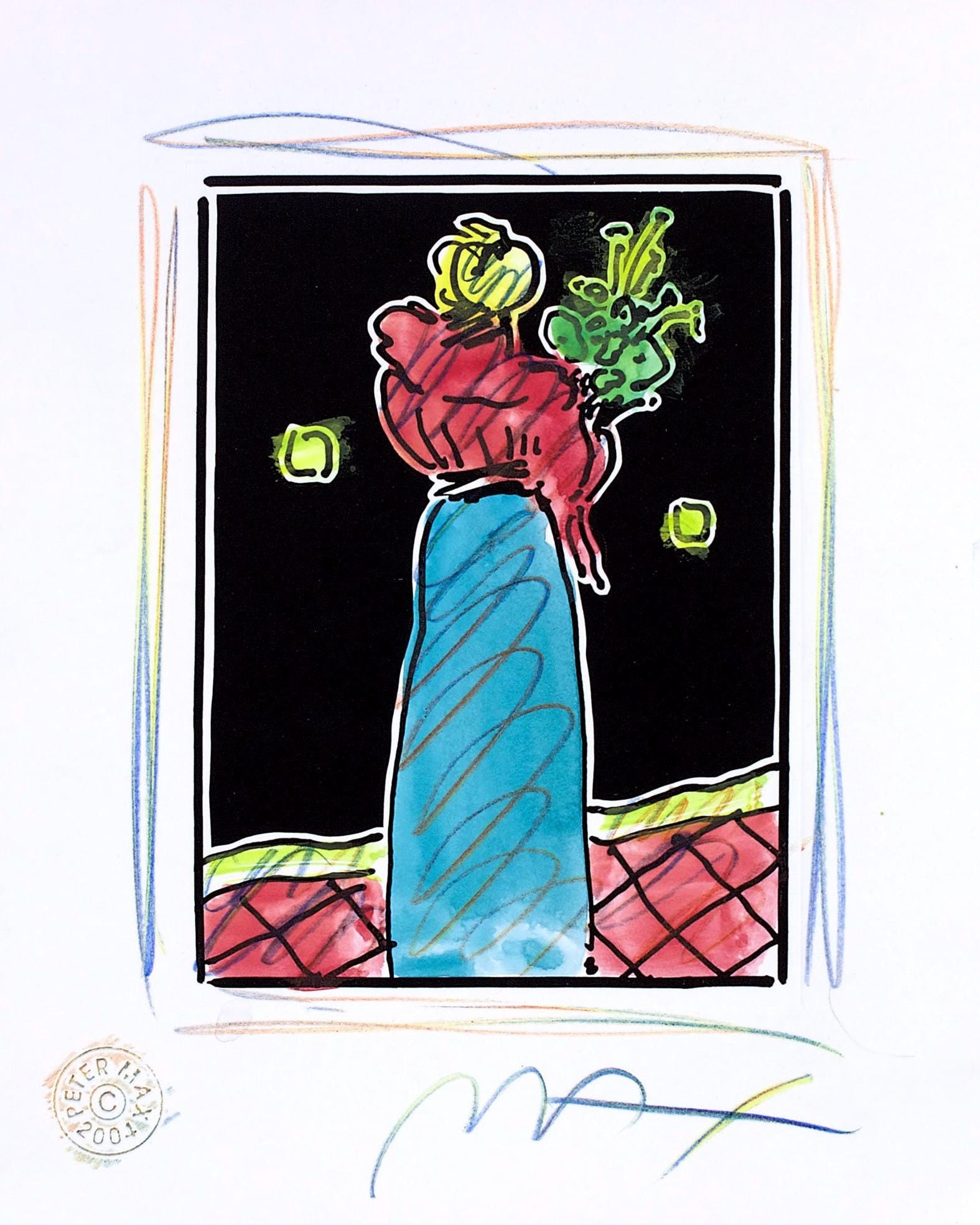 Peter Max, Woman with Flowers, Black and White Series, Hand Signed, Official Edition Mixed Media (1 of 4)