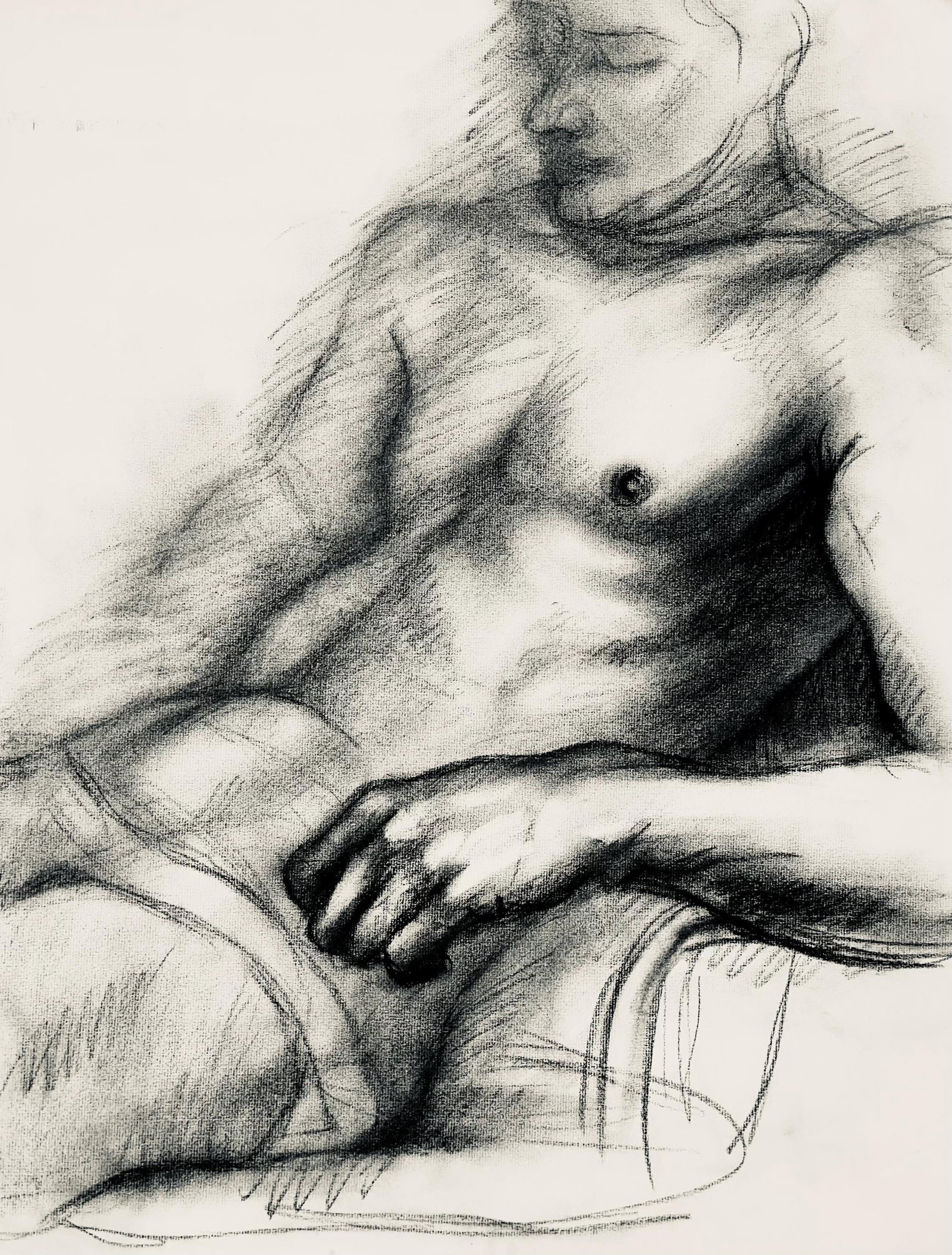 Ian Hornak, Renaissance Male Nude Figure Study, 1963, Original Drawing: Charcoal on velin paper, circa 1963. Paper Size: 23 x 18 inches. Good condition, consistent with age. Inscription: Unsigned, Estate stamped, verso. Provenance: Estate of Ian Hornak, East Hampton.