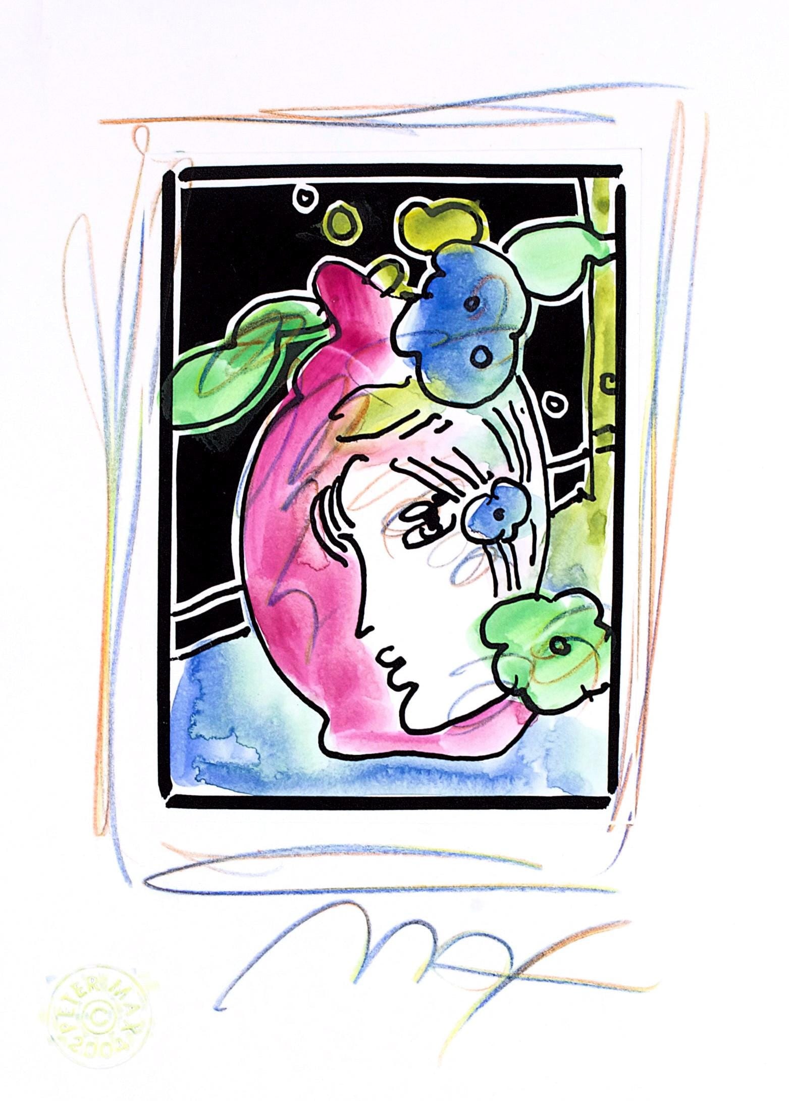 Peter Max, Profile with Vase, Black and White Series, Hand Signed, Official Edition Mixed Media: Lithograph in colors, watercolor, colored pencil on Lustro Saxony paper. Paper size: 8.25 x 6 inches. Inscription: Hand signed by Peter Max and unnumbered, as issued. Condition: Excellent. Notes: