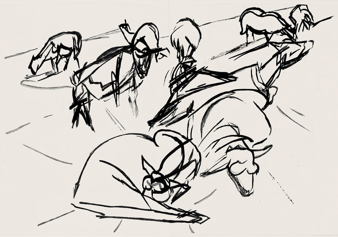 Jacques Villon, Composition (Ginestet/Pouillon 42-64), Hesiode, Les Travaux et les Jours, Limited: Etching on velin de Rives paper. Paper size: 15.75 x 24 inches. Excellent condition, with centerfold, as issued. Unsigned and unnumbered, as issued. Notes: From the folio, Hesiode, Les Travaux et les